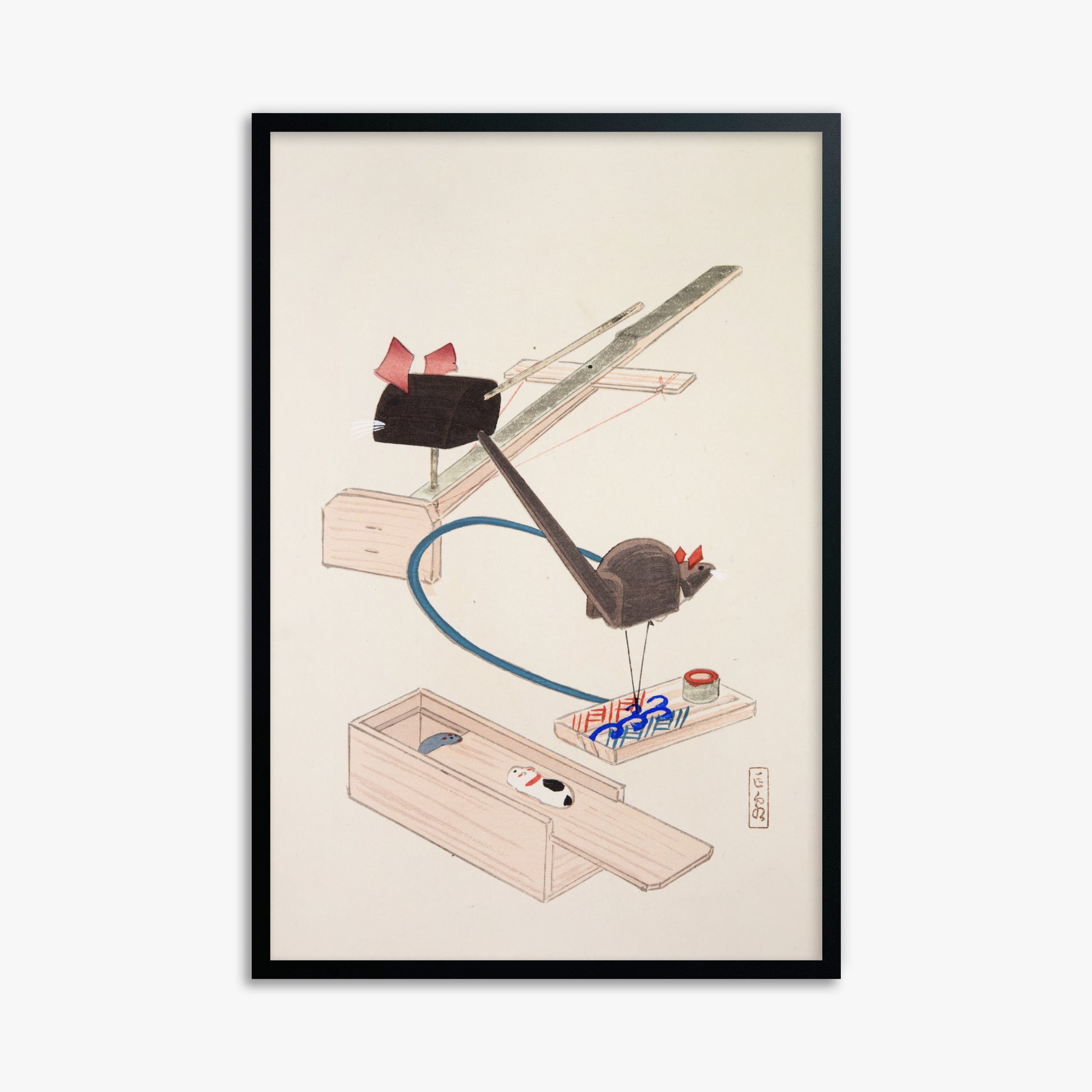 Kawasaki Kyosen: Kyosen’s Collected Illustrations of Japanese Toys Nr. 64 ("Japanese Mousetrap Game"), 61x91cm Framed Art Reproduction With Black Frame