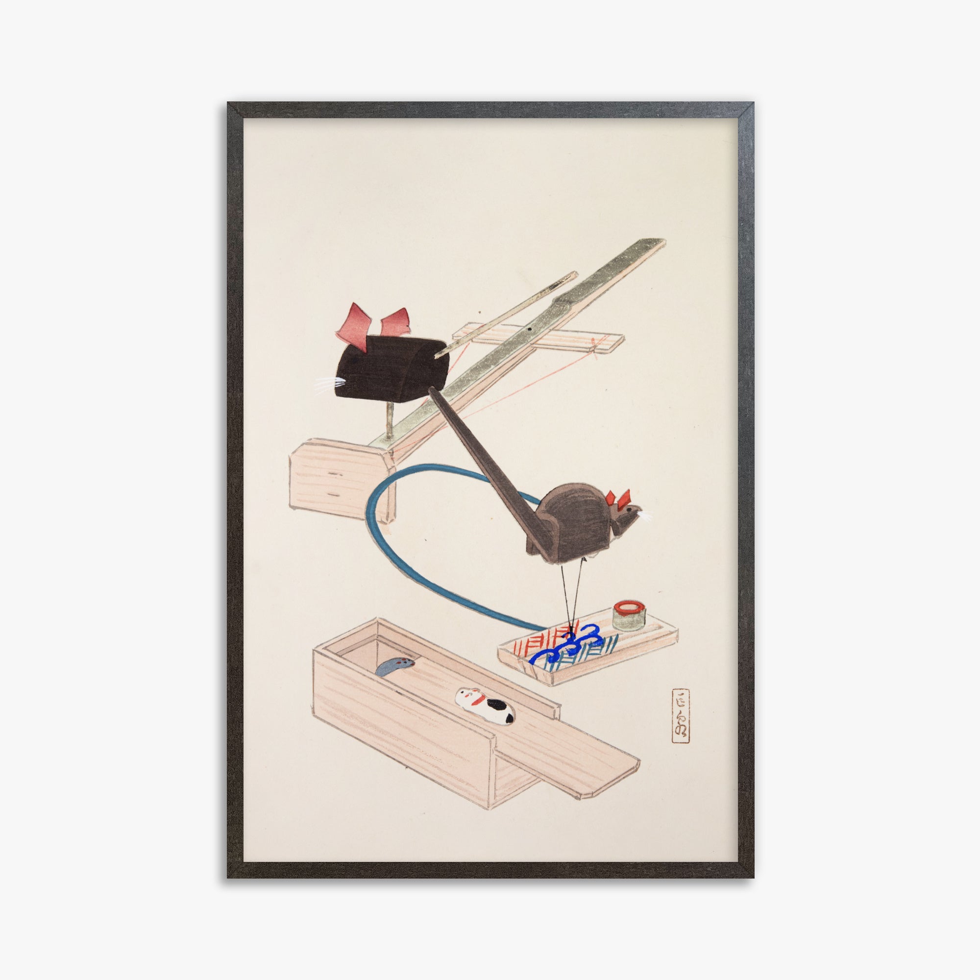 Kawasaki Kyosen: Kyosen’s Collected Illustrations of Japanese Toys Nr. 64 ("Japanese Mousetrap Game"), 61x91cm Framed Art Reproduction With Espresso Frame