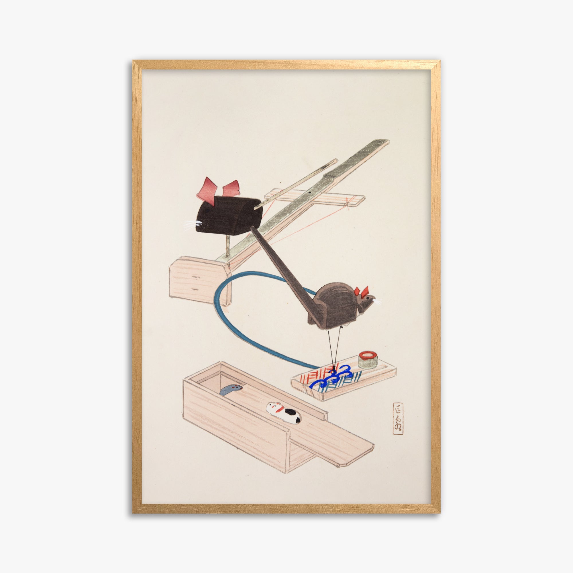 Kawasaki Kyosen: Kyosen’s Collected Illustrations of Japanese Toys Nr. 64 ("Japanese Mousetrap Game"), 61x91cm Framed Art Reproduction With Oak Frame