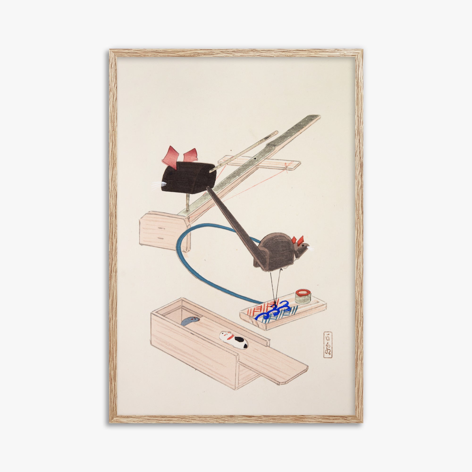 Kawasaki Kyosen: Kyosen’s Collected Illustrations of Japanese Toys Nr. 64 ("Japanese Mousetrap Game"), 61x91cm Framed Art Reproduction With Raw Oak Frame