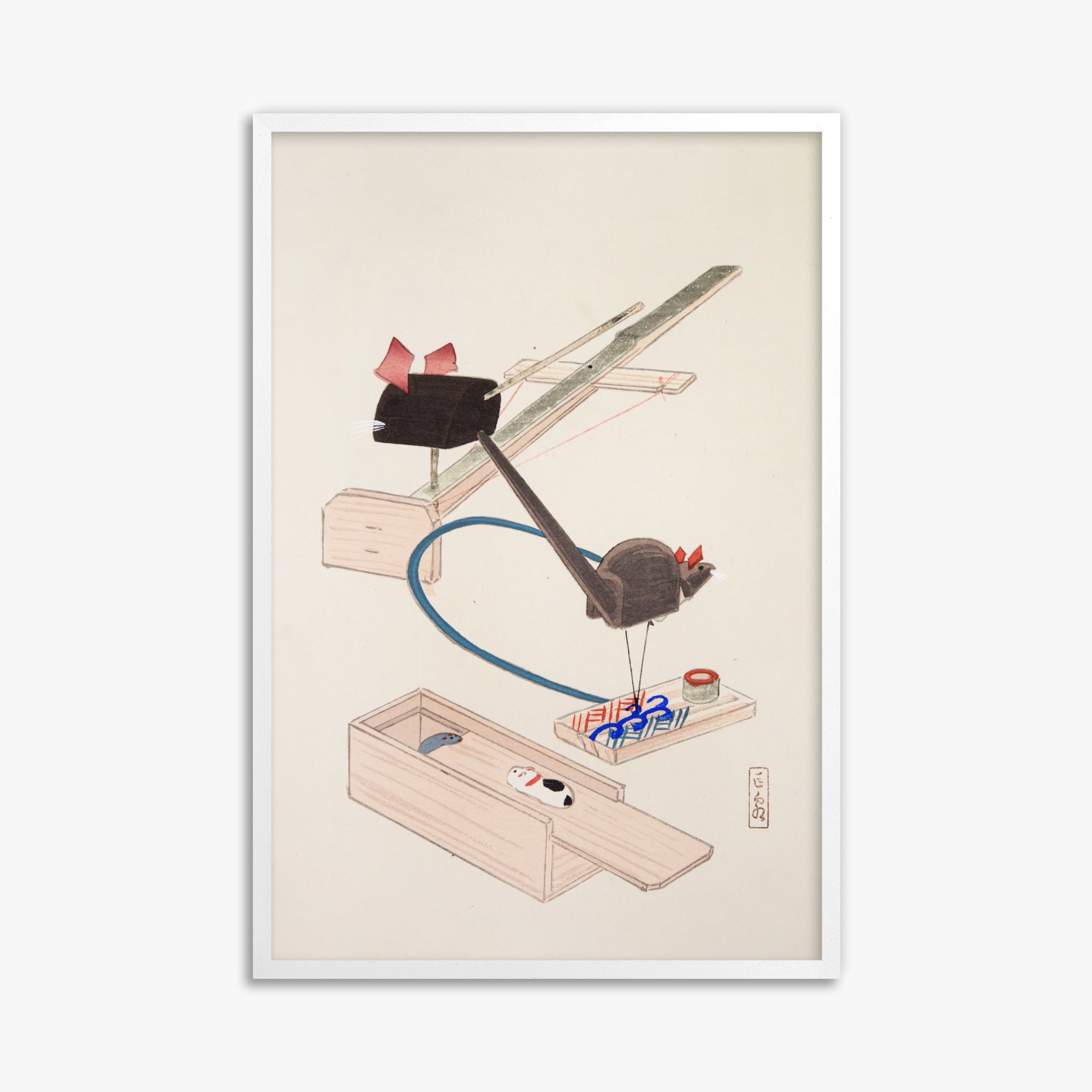 Kawasaki Kyosen: Kyosen’s Collected Illustrations of Japanese Toys Nr. 64 ("Japanese Mousetrap Game"), 61x91cm Framed Art Reproduction With White Frame
