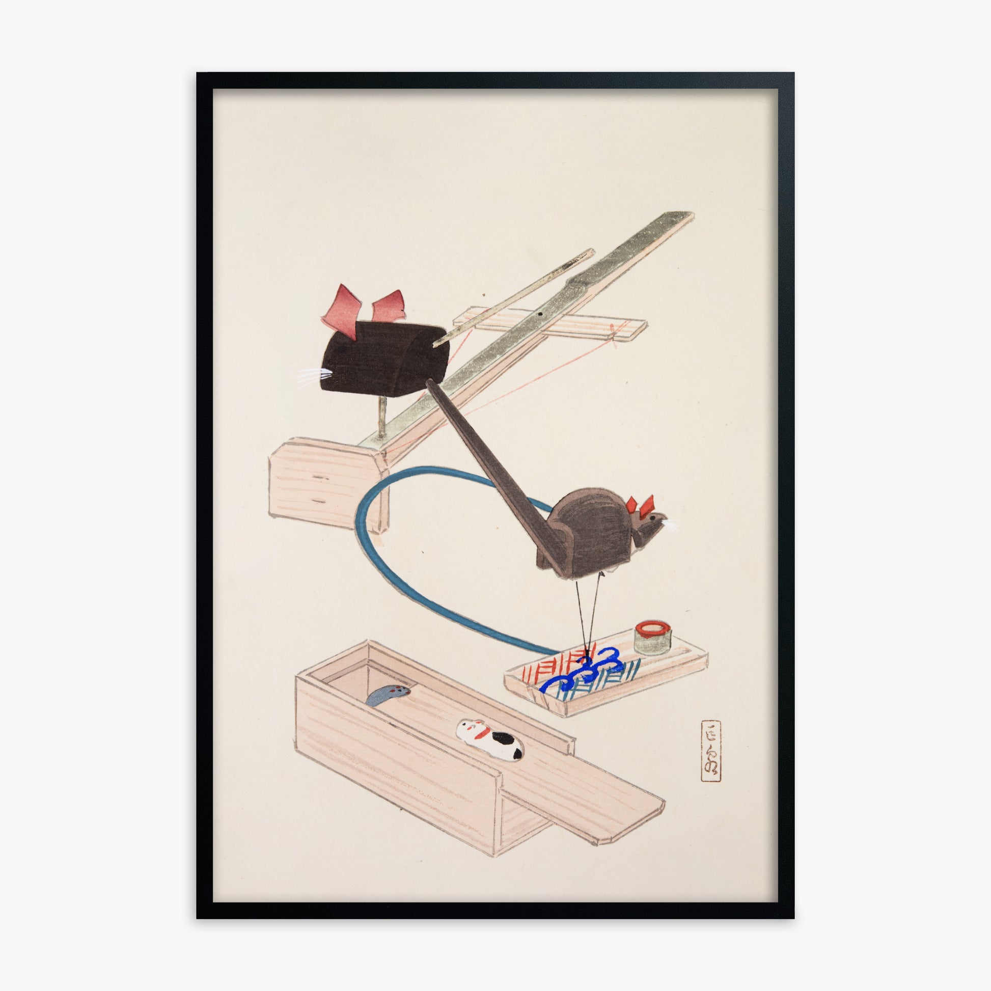 Kawasaki Kyosen: Kyosen’s Collected Illustrations of Japanese Toys Nr. 64 ("Japanese Mousetrap Game"), Black Framed Art Reproduction With Black Frame
