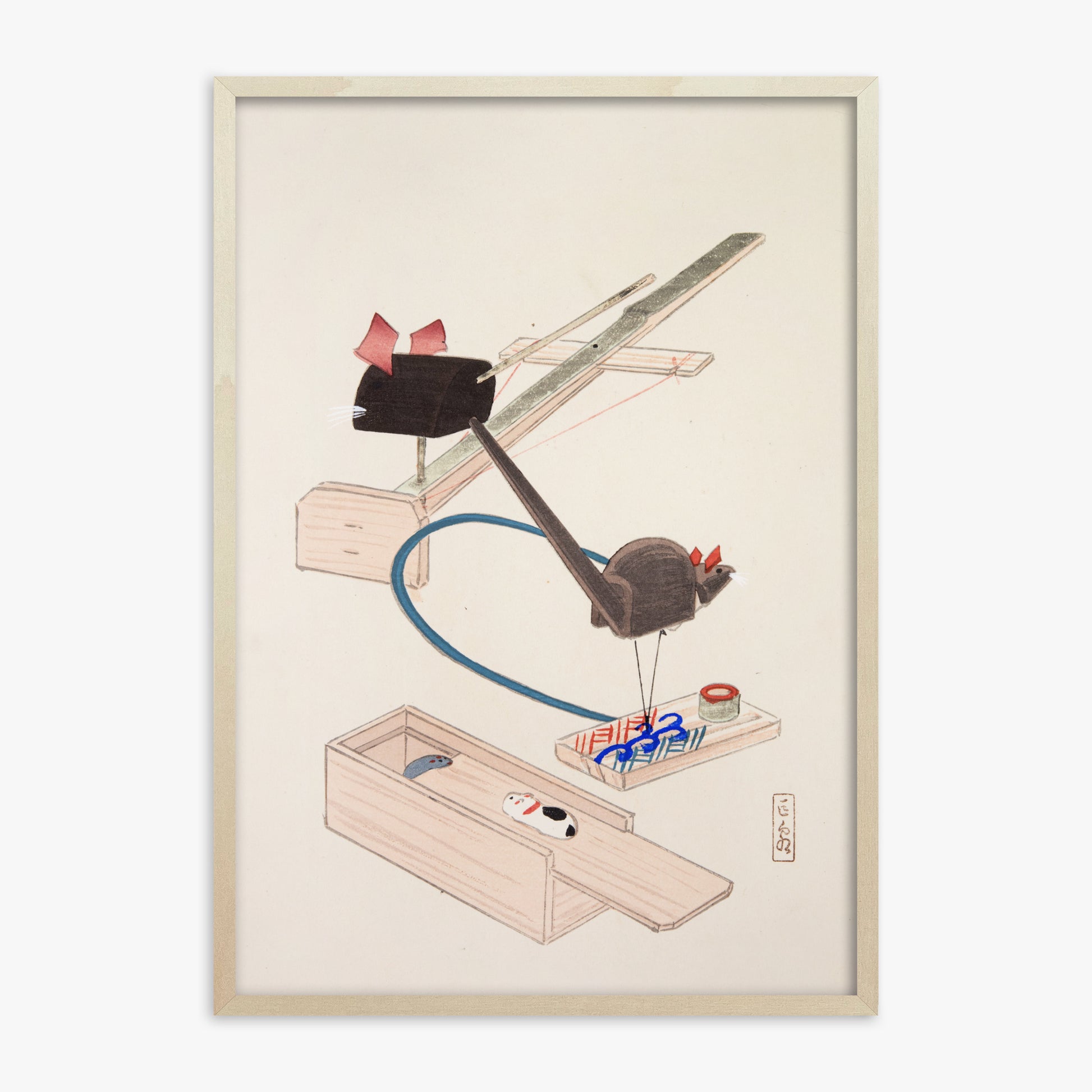 Kawasaki Kyosen: Kyosen’s Collected Illustrations of Japanese Toys Nr. 64 ("Japanese Mousetrap Game"), 70x100cm Framed Art Reproduction With Lime Wood Frame
