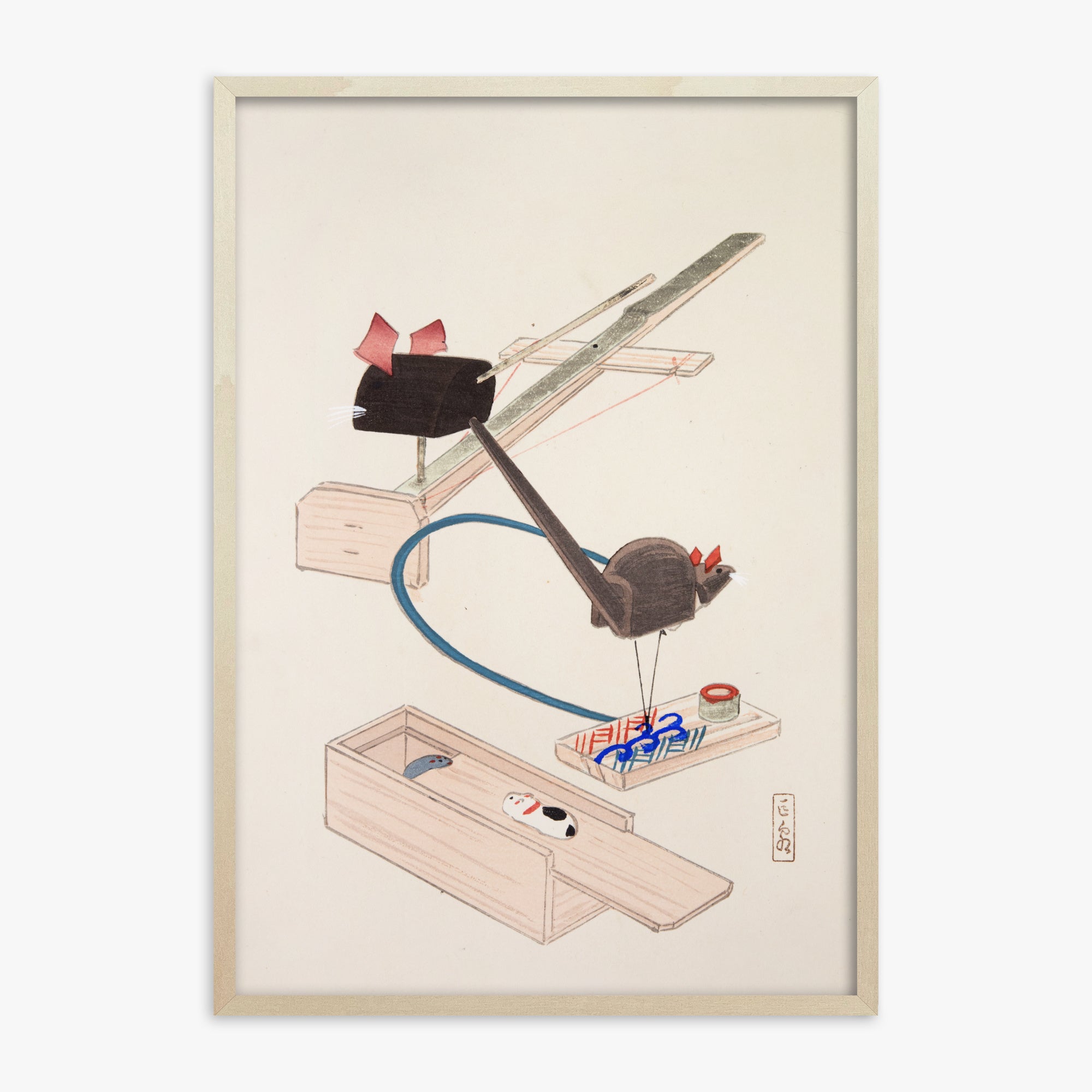 Kawasaki Kyosen: Kyosen’s Collected Illustrations of Japanese Toys Nr. 64 ("Japanese Mousetrap Game"), 70x100cm Framed Art Reproduction With Lime Wood Frame