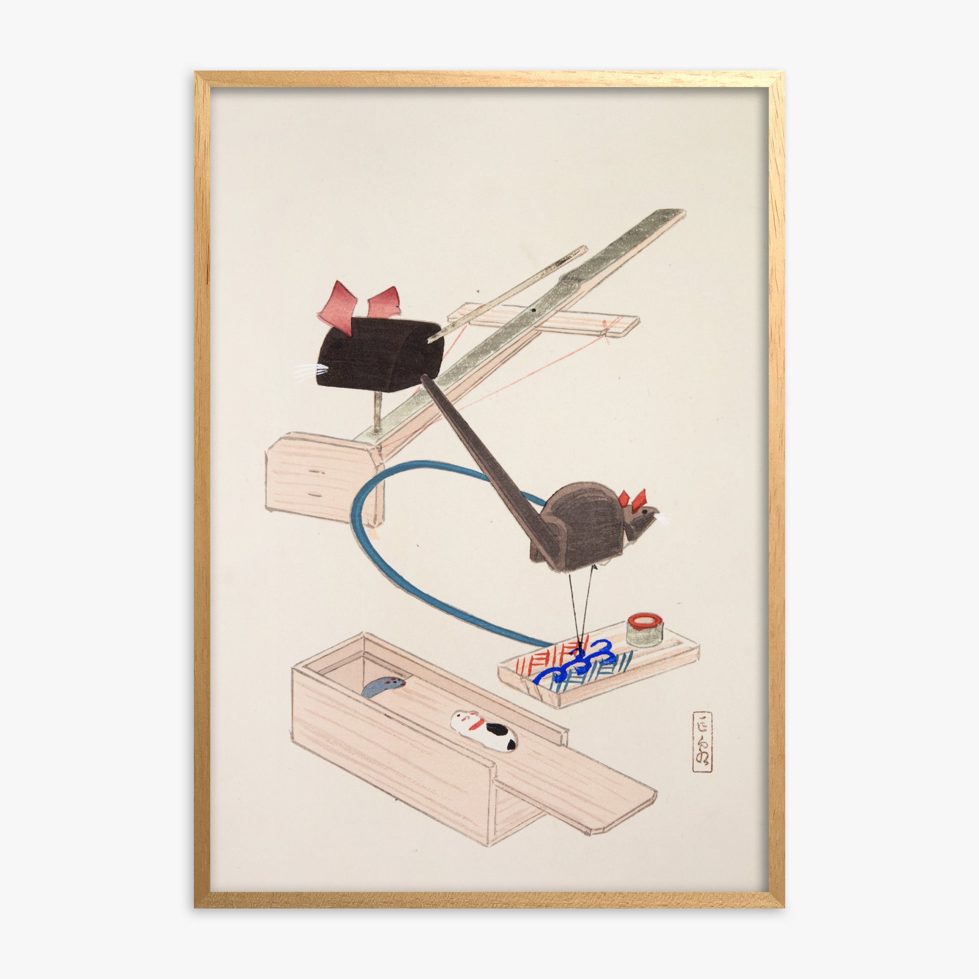 Kawasaki Kyosen: Kyosen’s Collected Illustrations of Japanese Toys Nr. 64 ("Japanese Mousetrap Game"), Oak Framed Art Reproduction With Oak Frame