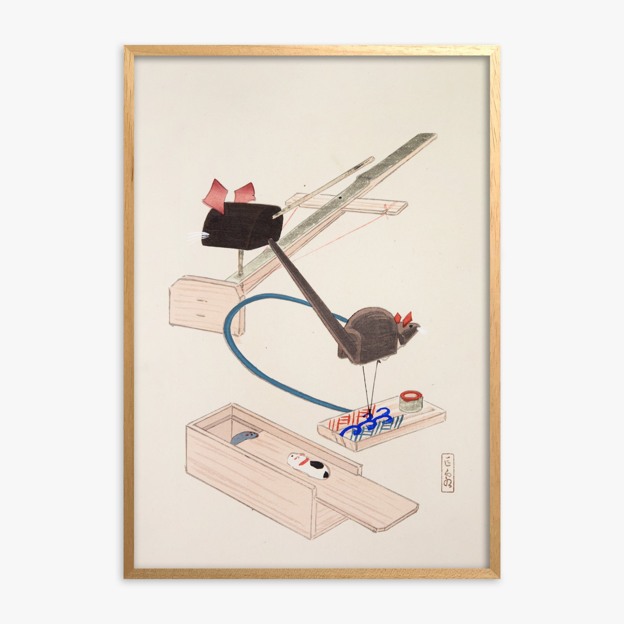 Kawasaki Kyosen: Kyosen’s Collected Illustrations of Japanese Toys Nr. 64 ("Japanese Mousetrap Game"), Oak Framed Art Reproduction With Oak Frame