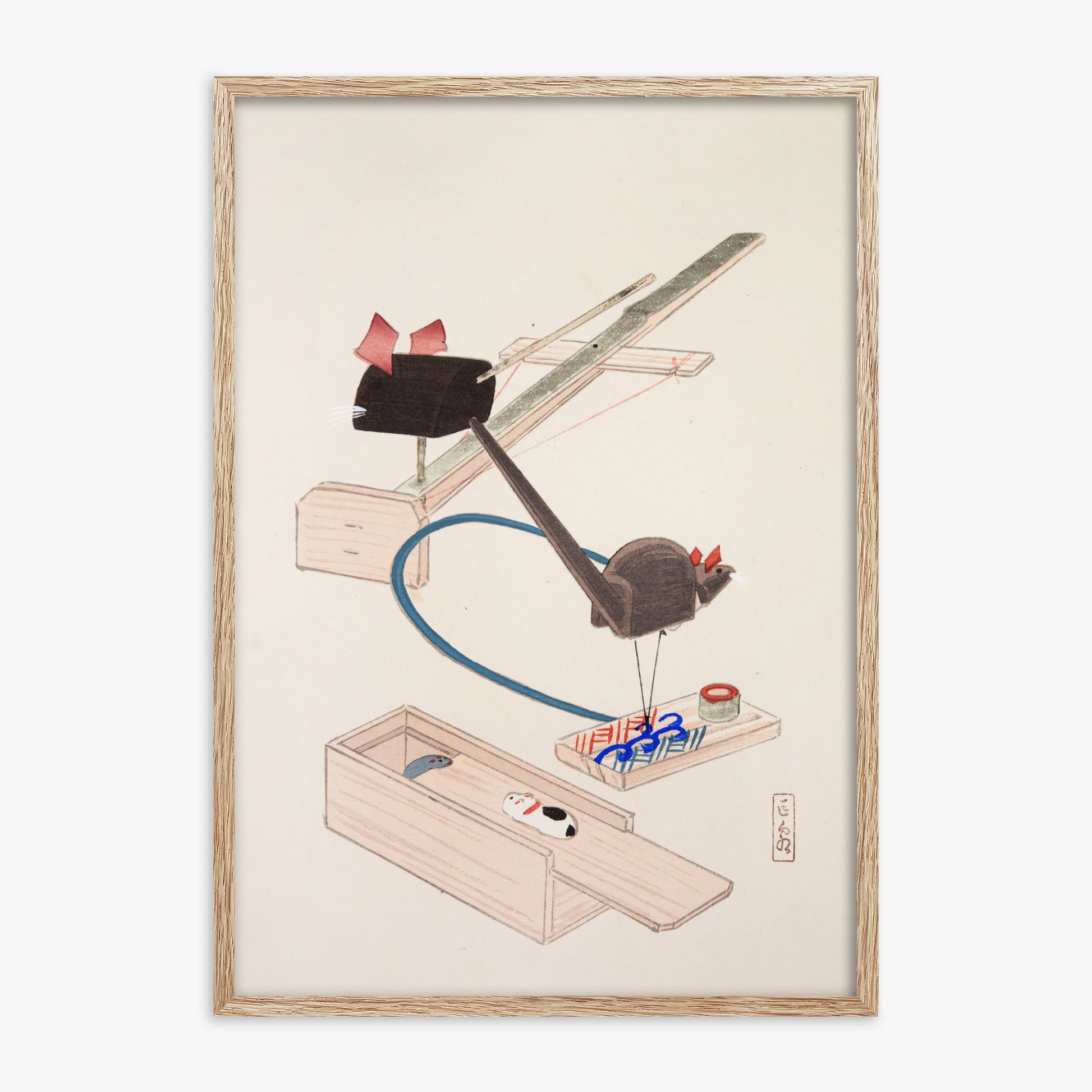 Kawasaki Kyosen: Kyosen’s Collected Illustrations of Japanese Toys Nr. 64 ("Japanese Mousetrap Game"), 70x100cm Framed Art Reproduction With Raw Oak Frame