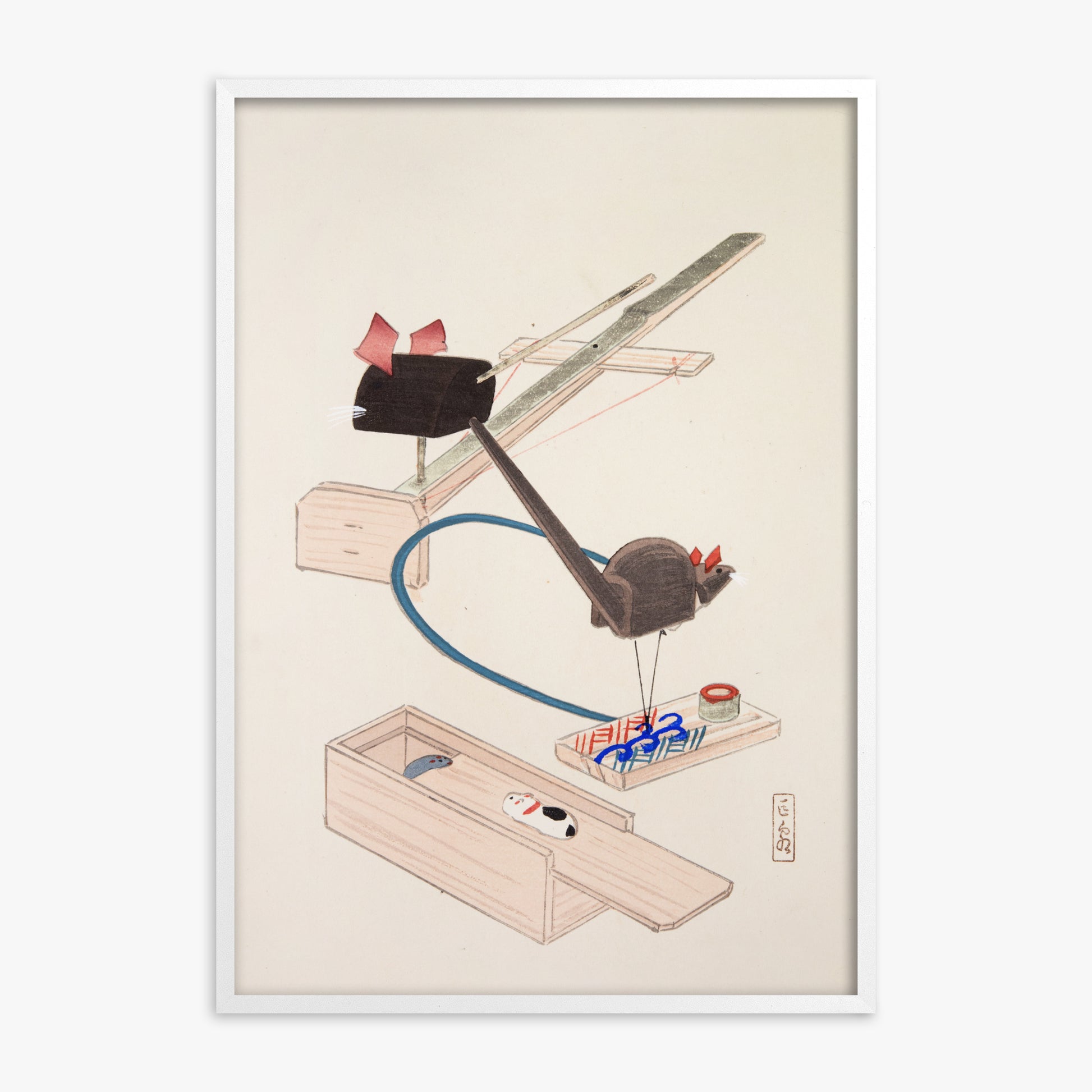 Kawasaki Kyosen: Kyosen’s Collected Illustrations of Japanese Toys Nr. 64 ("Japanese Mousetrap Game"), White Framed Art Reproduction With White Frame