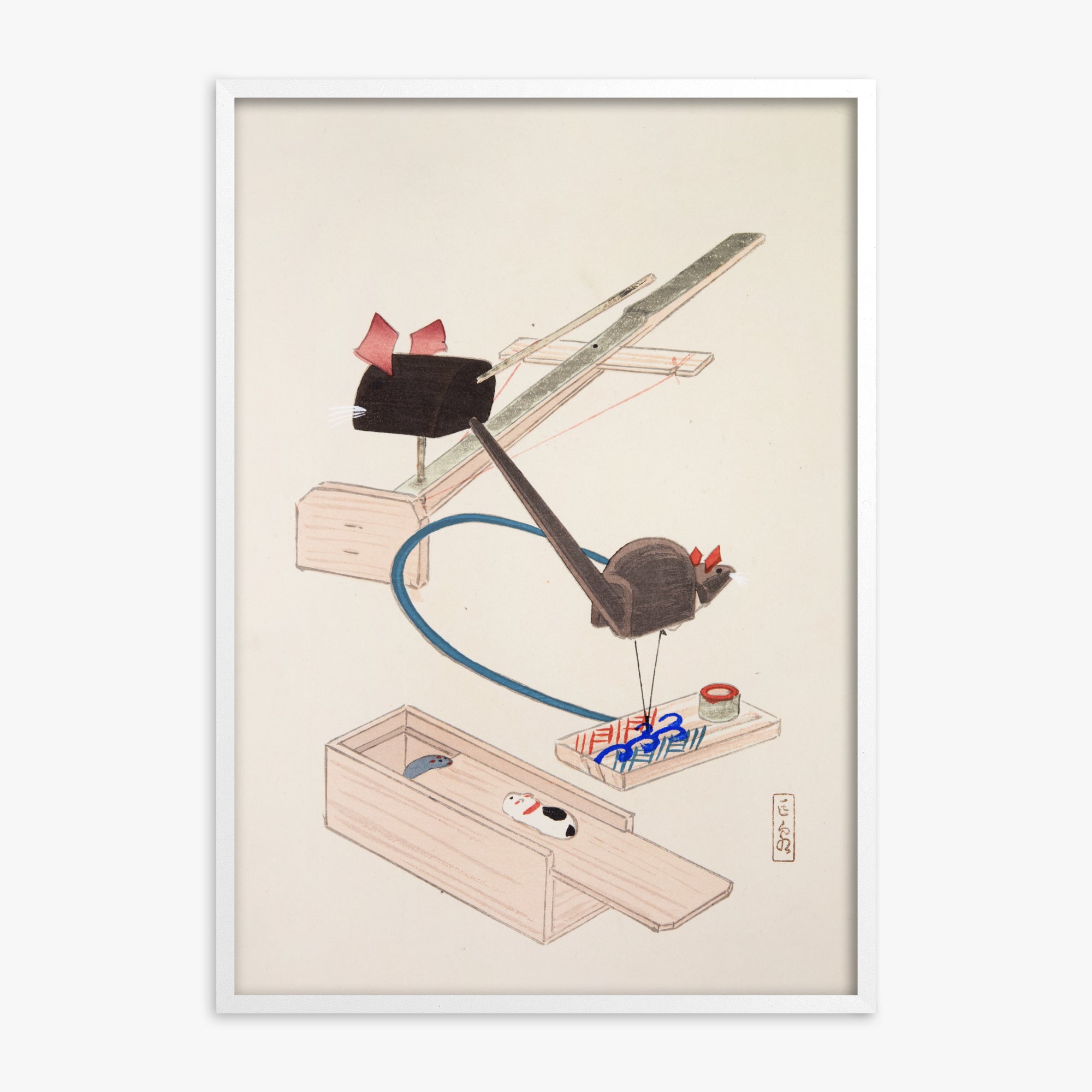 Kawasaki Kyosen: Kyosen’s Collected Illustrations of Japanese Toys Nr. 64 ("Japanese Mousetrap Game"), White Framed Art Reproduction With White Frame