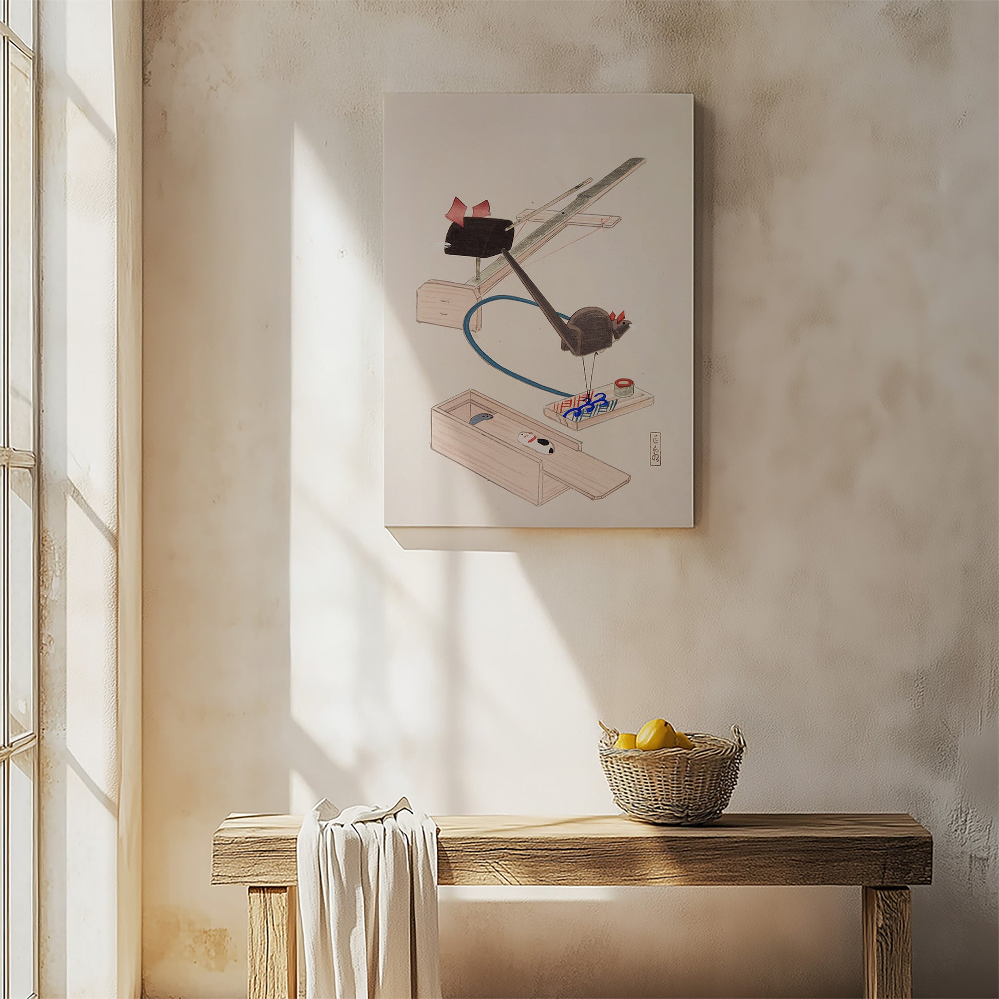 Design Concept No. 54 for Kawasaki Kyosen: Kyosen’s Collected Illustrations of Japanese Toys Nr. 64 ("Japanese Mousetrap Game") Japanese Satin Canvas Wall Art