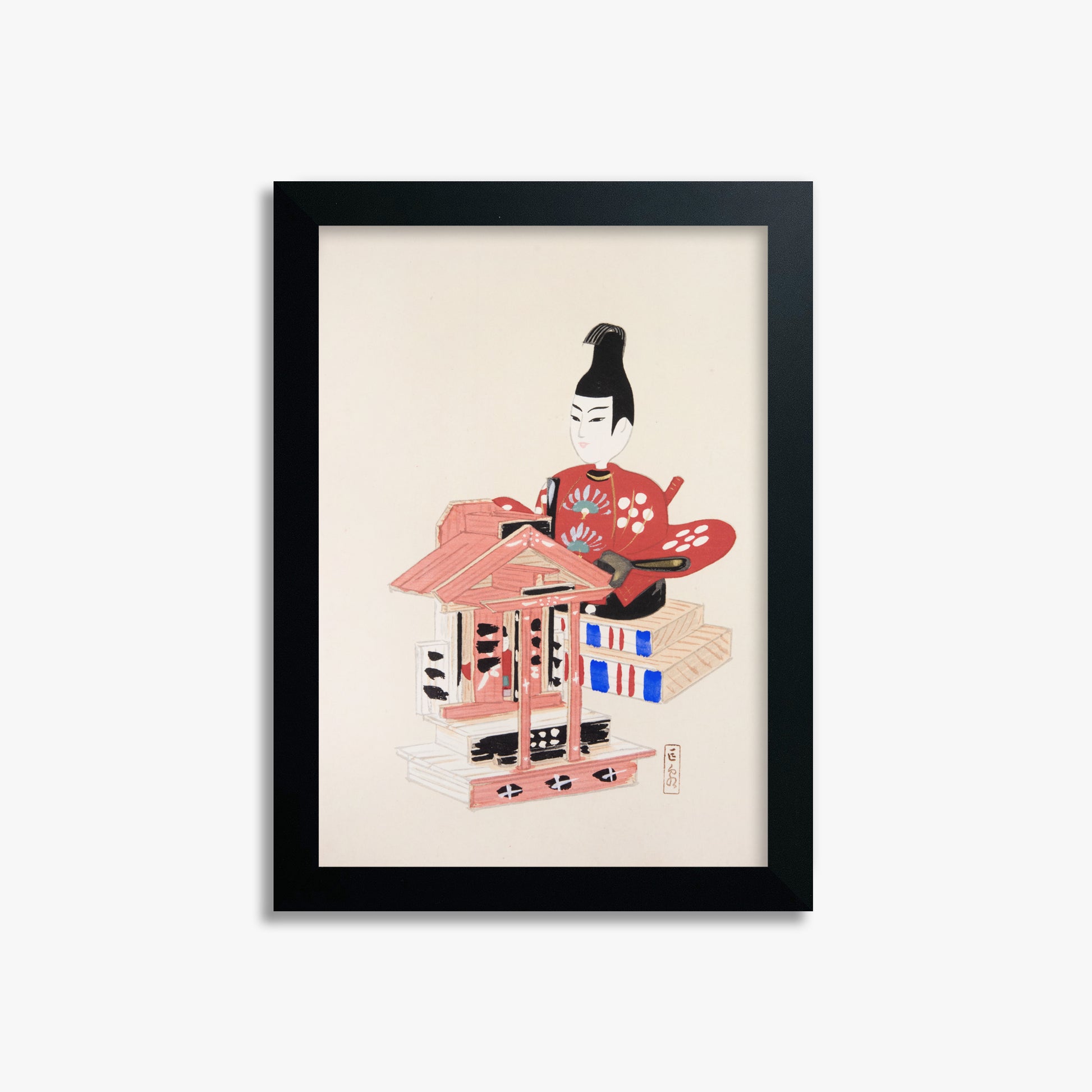 Kawasaki Kyosen: Kyosen’s Collected Illustrations of Japanese Toys Nr. 65 ("Ancient Temple Guardian"), 21x30cm Framed Art Reproduction With Black Frame