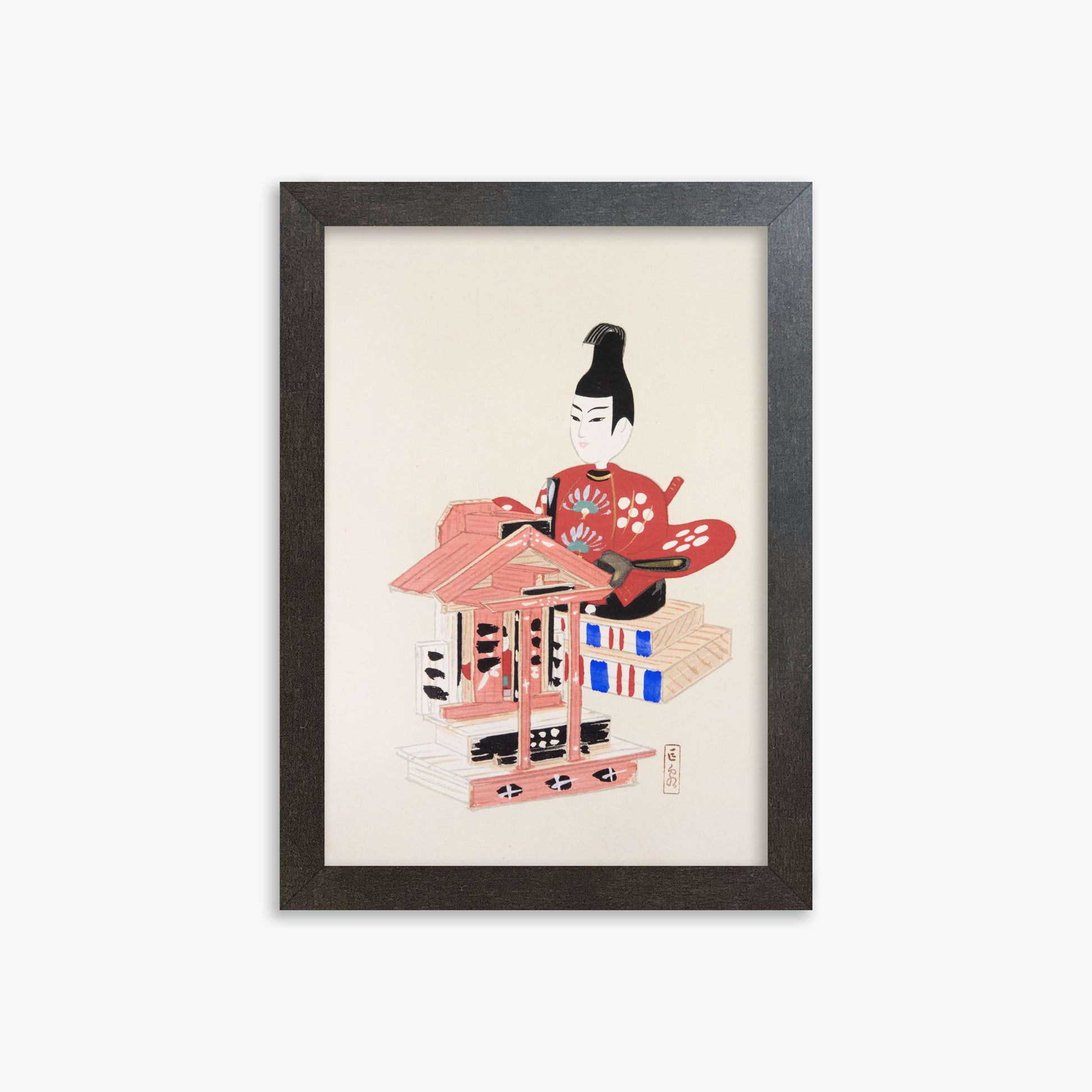 Kawasaki Kyosen: Kyosen’s Collected Illustrations of Japanese Toys Nr. 65 ("Ancient Temple Guardian"), 21x30cm Framed Art Reproduction With Espresso Frame