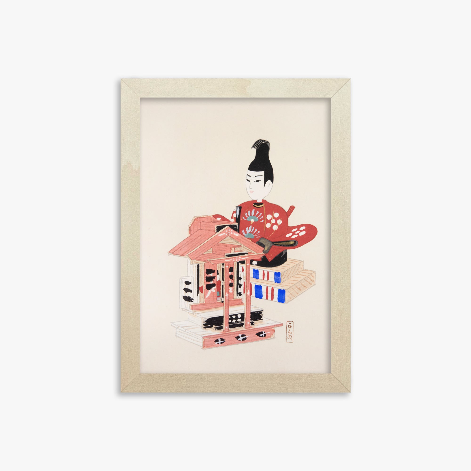 Kawasaki Kyosen: Kyosen’s Collected Illustrations of Japanese Toys Nr. 65 ("Ancient Temple Guardian"), 21x30cm Framed Art Reproduction With Lime Wood Frame