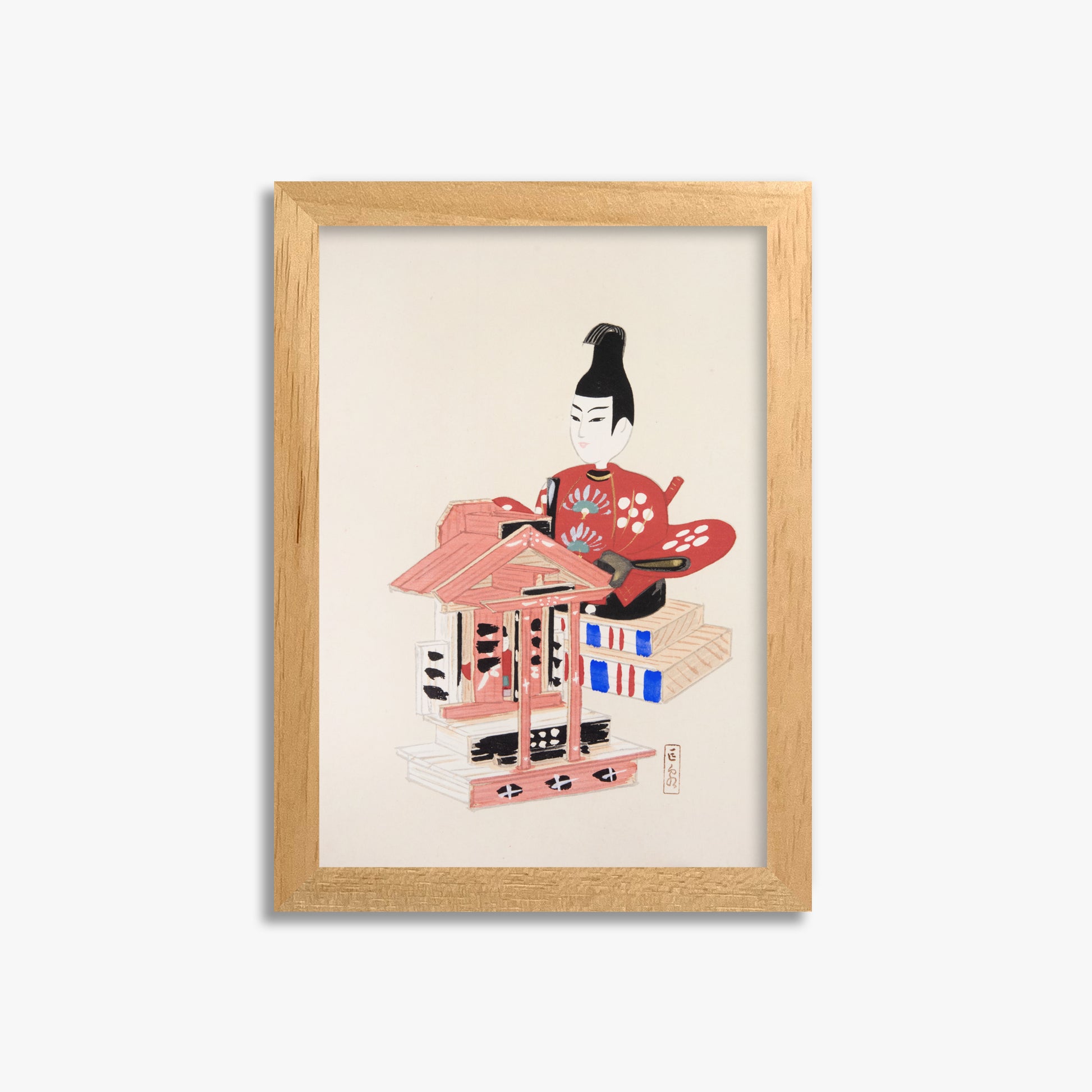 Kawasaki Kyosen: Kyosen’s Collected Illustrations of Japanese Toys Nr. 65 ("Ancient Temple Guardian"), 21x30cm Framed Art Reproduction With Oak Frame