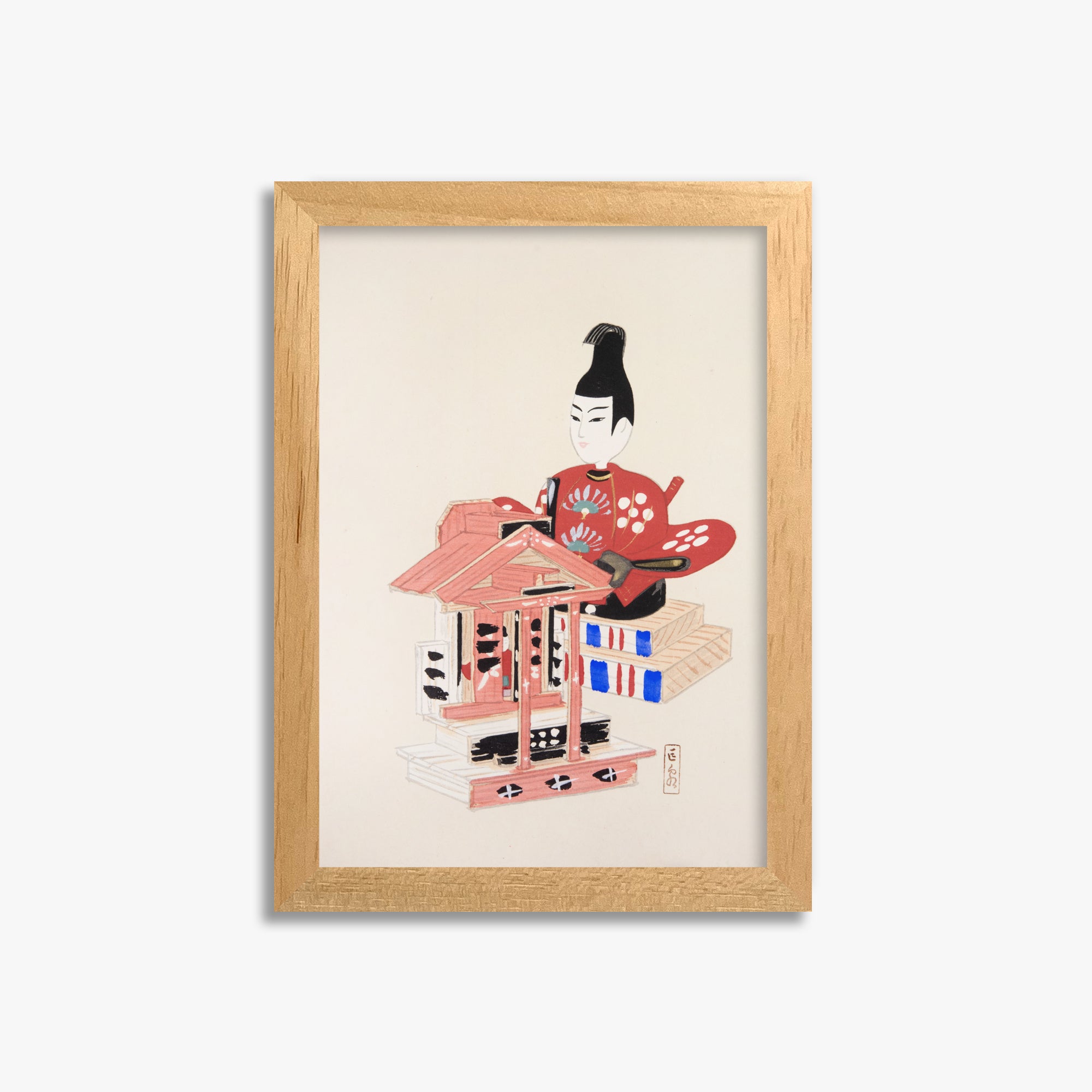 Kawasaki Kyosen: Kyosen’s Collected Illustrations of Japanese Toys Nr. 65 ("Ancient Temple Guardian"), 21x30cm Framed Art Reproduction With Oak Frame
