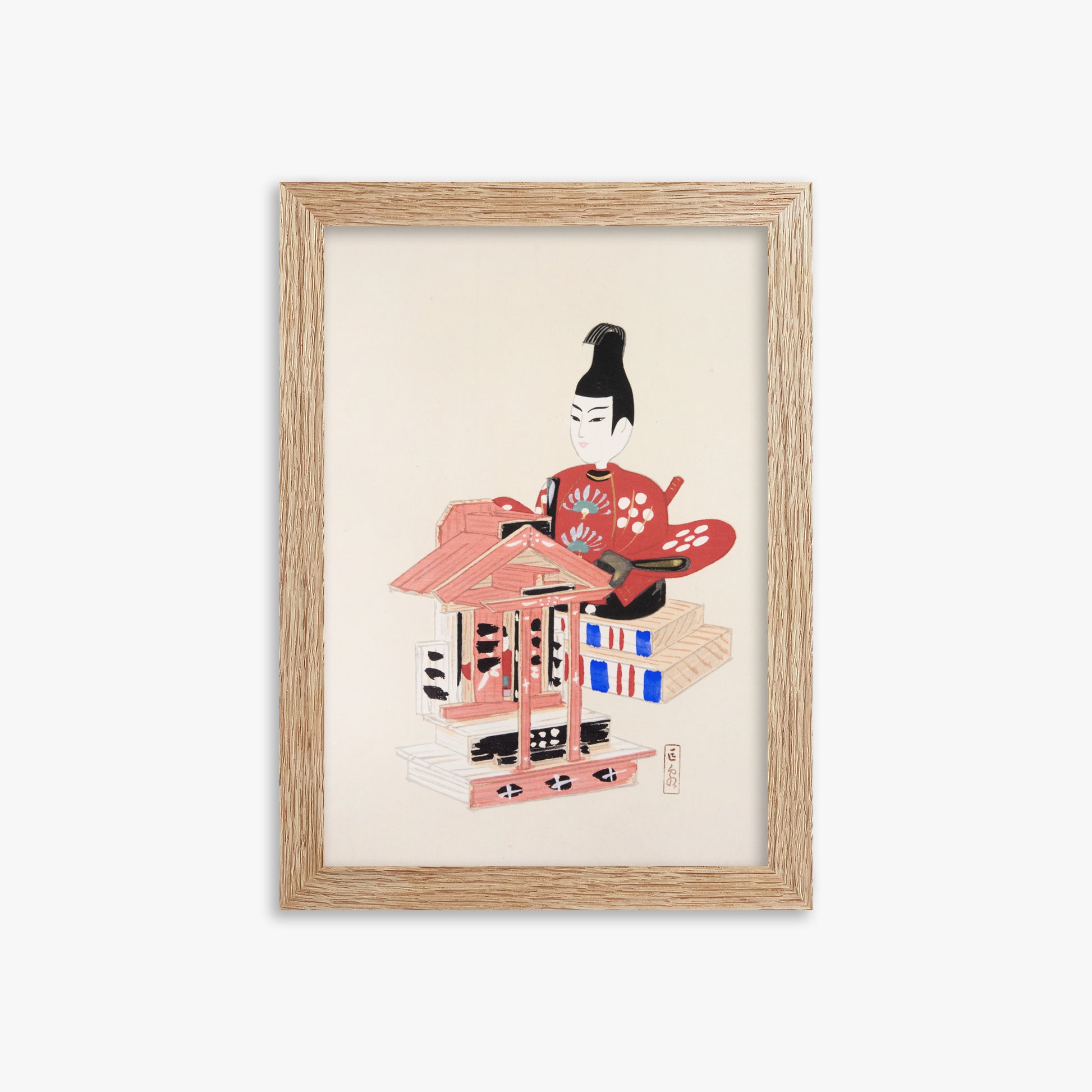Kawasaki Kyosen: Kyosen’s Collected Illustrations of Japanese Toys Nr. 65 ("Ancient Temple Guardian"), 21x30cm Framed Art Reproduction With Raw Oak Frame