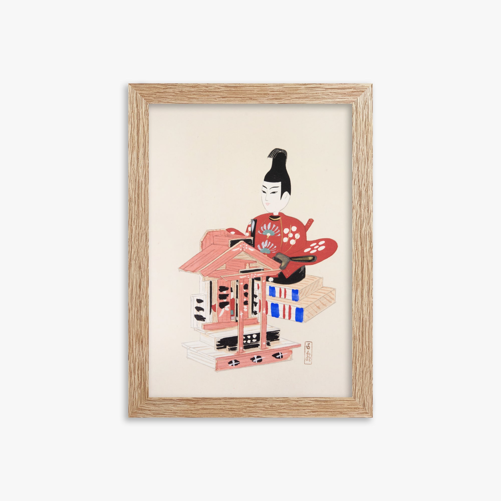 Kawasaki Kyosen: Kyosen’s Collected Illustrations of Japanese Toys Nr. 65 ("Ancient Temple Guardian"), 21x30cm Framed Art Reproduction With Raw Oak Frame
