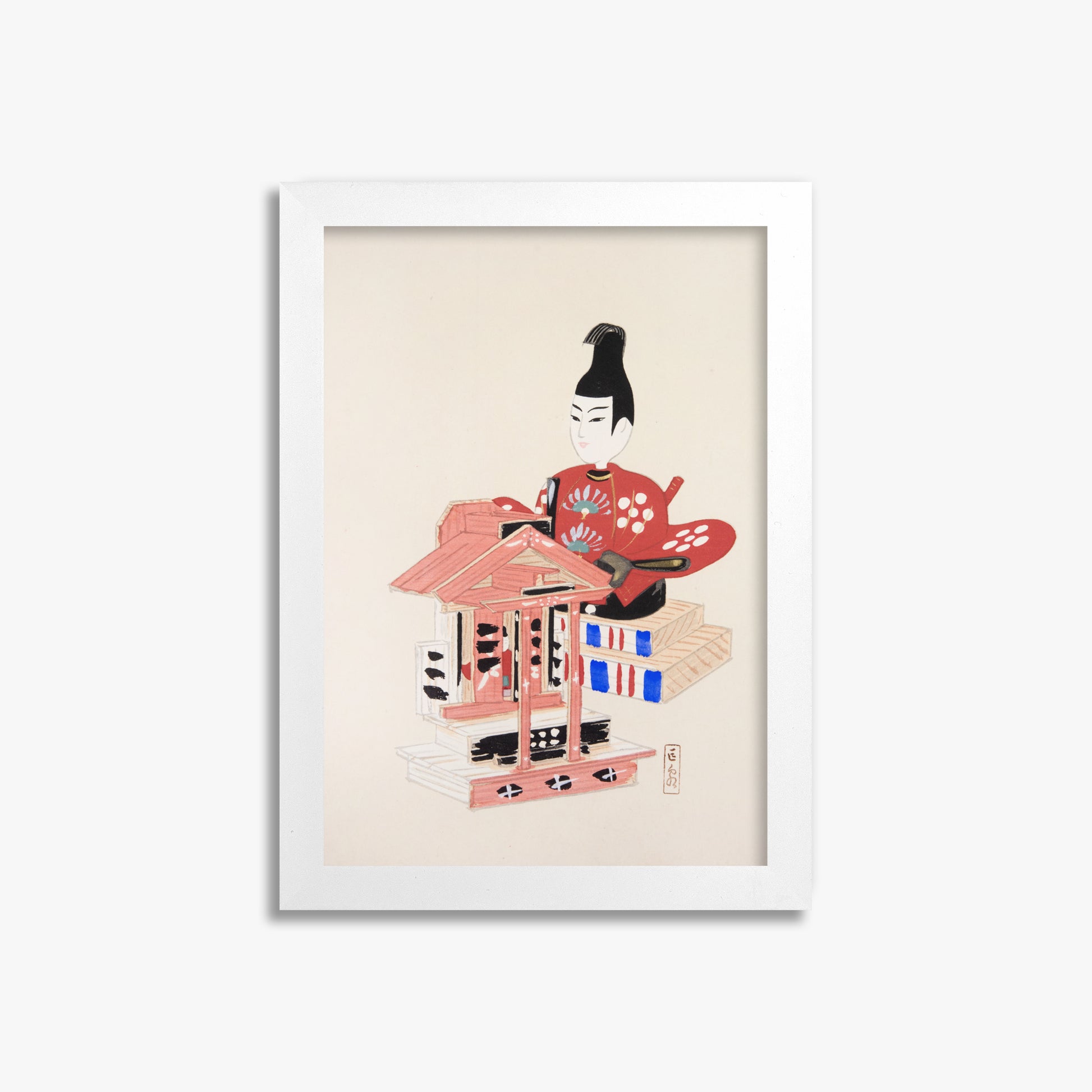 Kawasaki Kyosen: Kyosen’s Collected Illustrations of Japanese Toys Nr. 65 ("Ancient Temple Guardian"), 21x30cm Framed Art Reproduction With White Frame