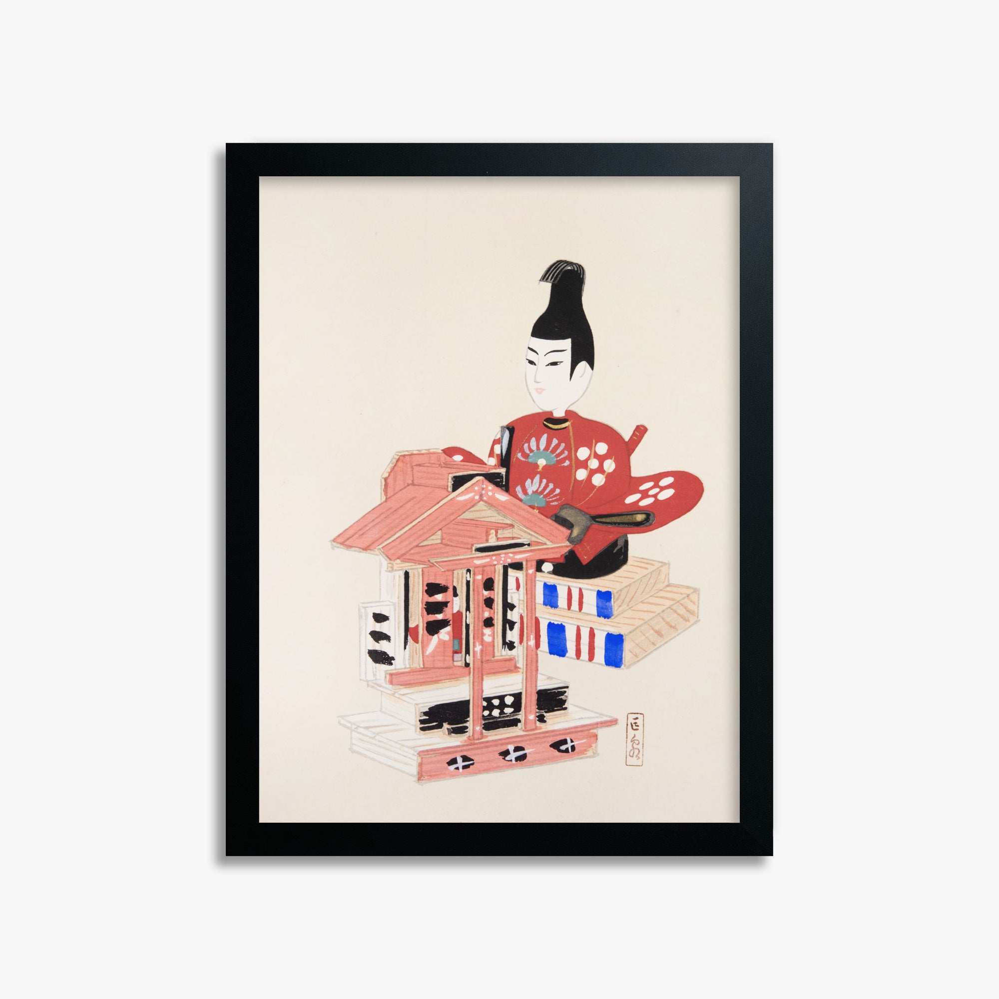 Kawasaki Kyosen: Kyosen’s Collected Illustrations of Japanese Toys Nr. 65 ("Ancient Temple Guardian"), 30x40cm Framed Art Reproduction With Black Frame