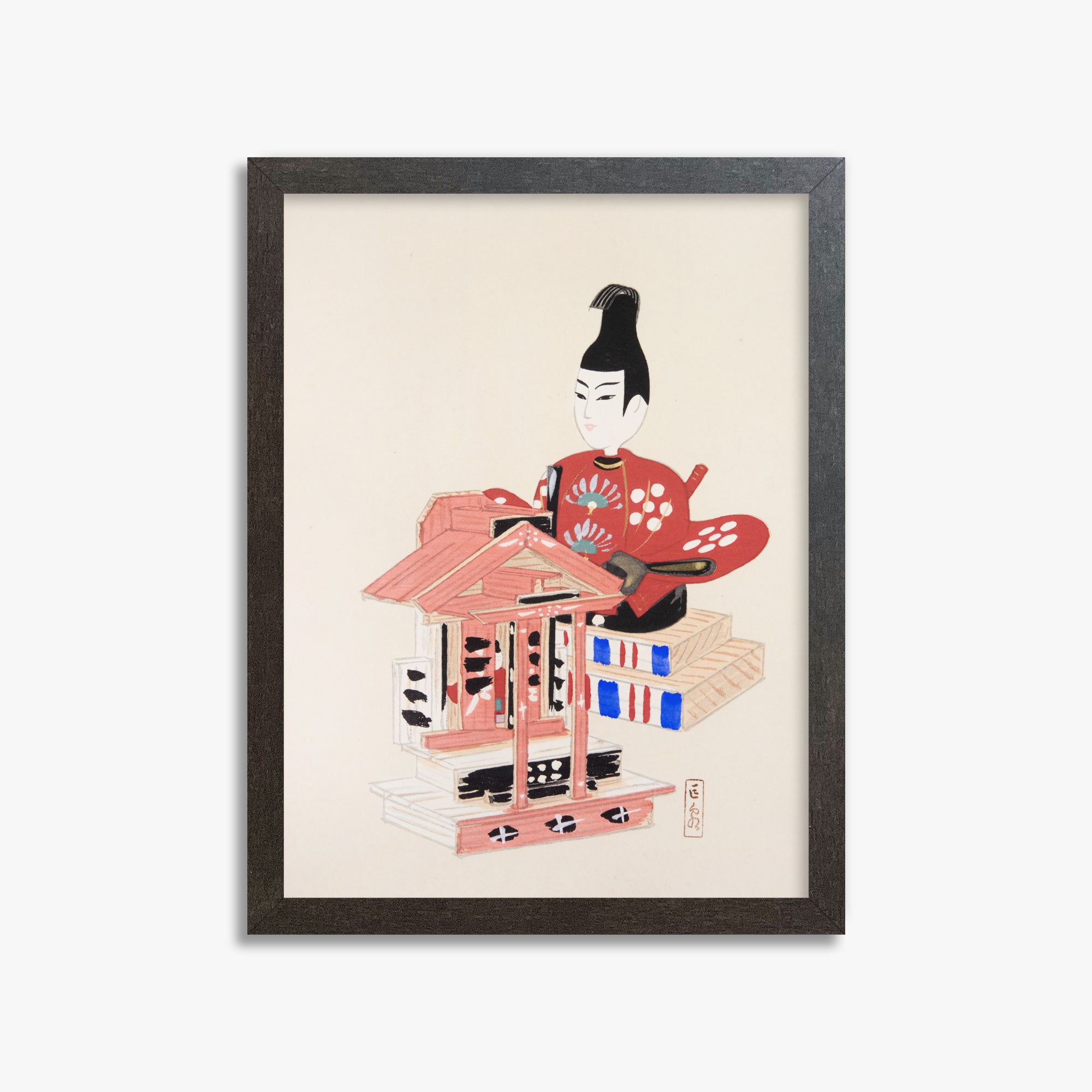 Kawasaki Kyosen: Kyosen’s Collected Illustrations of Japanese Toys Nr. 65 ("Ancient Temple Guardian"), 30x40cm Framed Art Reproduction With Espresso Frame