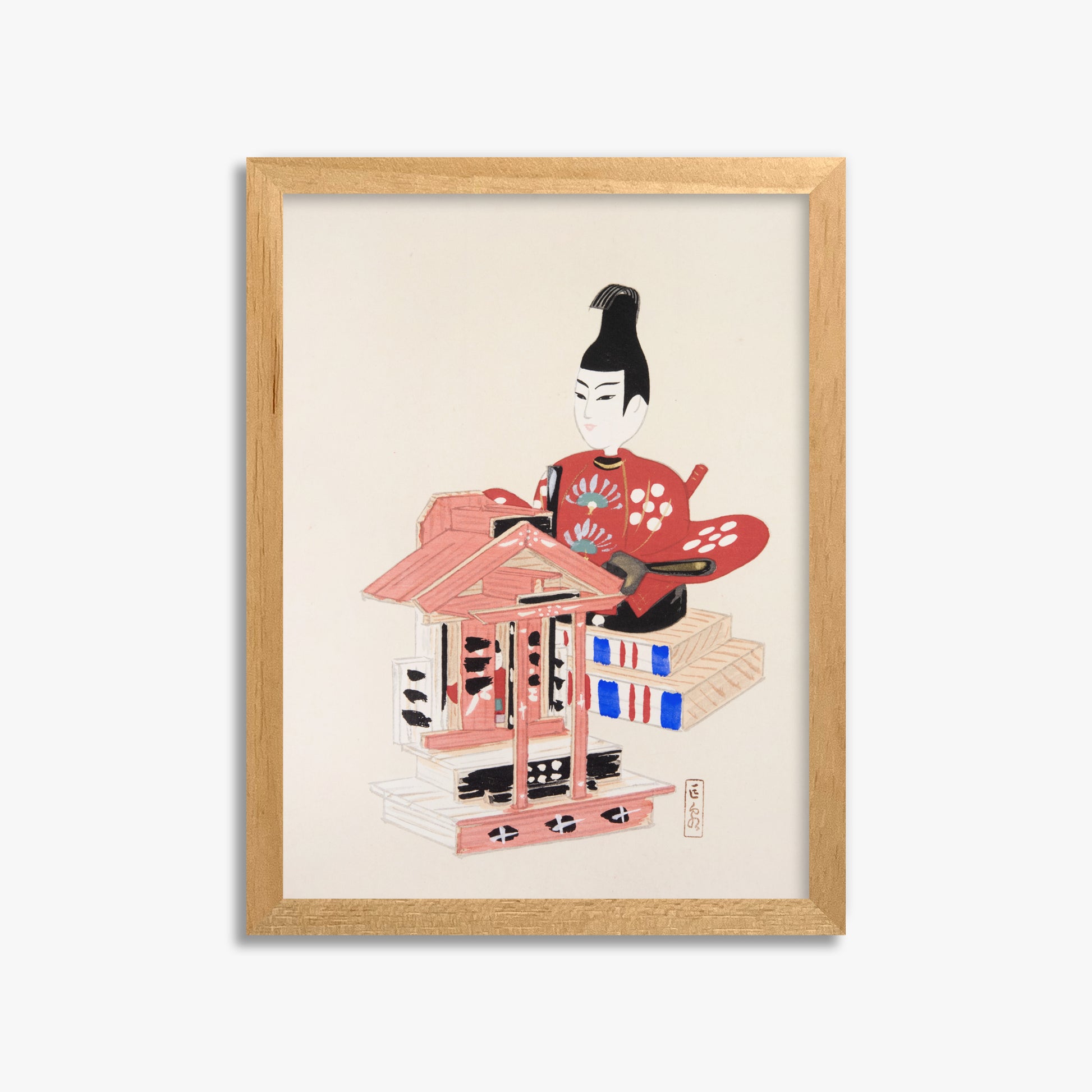 Kawasaki Kyosen: Kyosen’s Collected Illustrations of Japanese Toys Nr. 65 ("Ancient Temple Guardian"), 30x40cm Framed Art Reproduction With Oak Frame