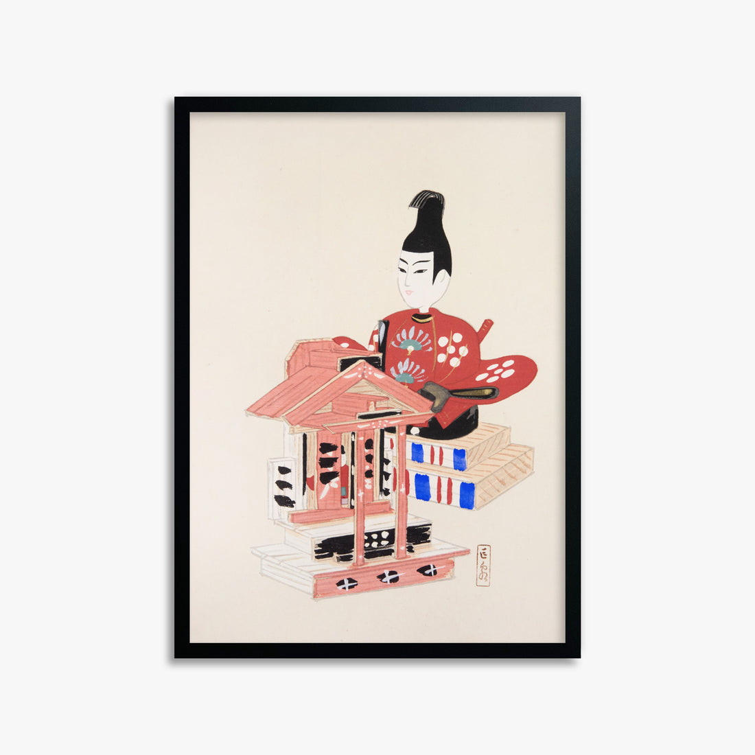 Kawasaki Kyosen: Kyosen’s Collected Illustrations of Japanese Toys Nr. 65 ("Ancient Temple Guardian"), 50x70cm Framed Art Reproduction With Black Frame