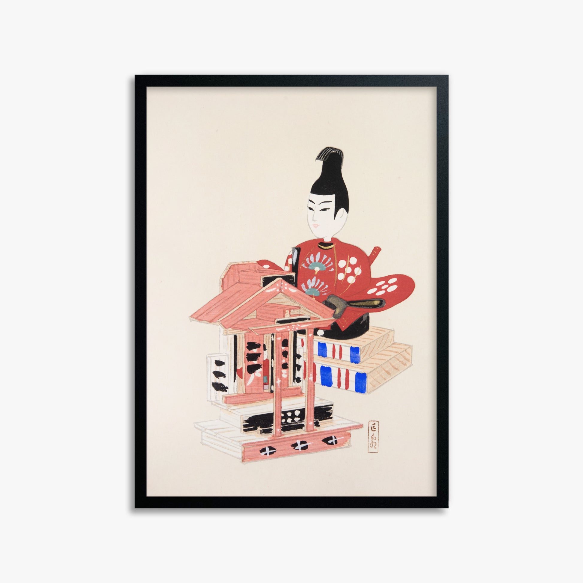Kawasaki Kyosen: Kyosen’s Collected Illustrations of Japanese Toys Nr. 65 ("Ancient Temple Guardian"), 50x70cm Framed Art Reproduction With Black Frame