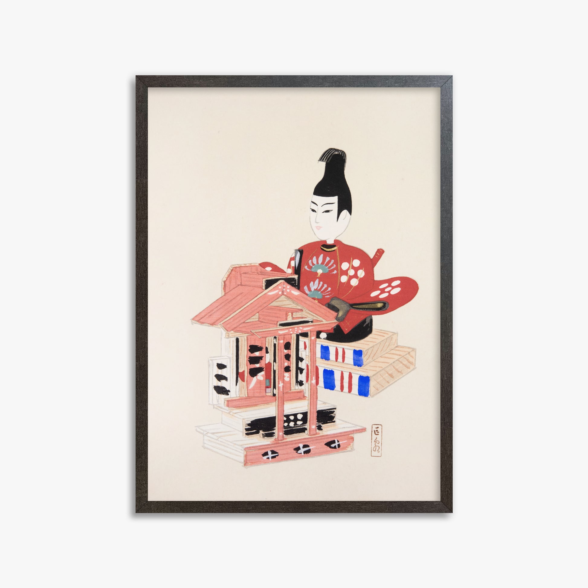 Kawasaki Kyosen: Kyosen’s Collected Illustrations of Japanese Toys Nr. 65 ("Ancient Temple Guardian"), 50x70cm Framed Art Reproduction With Espresso Frame