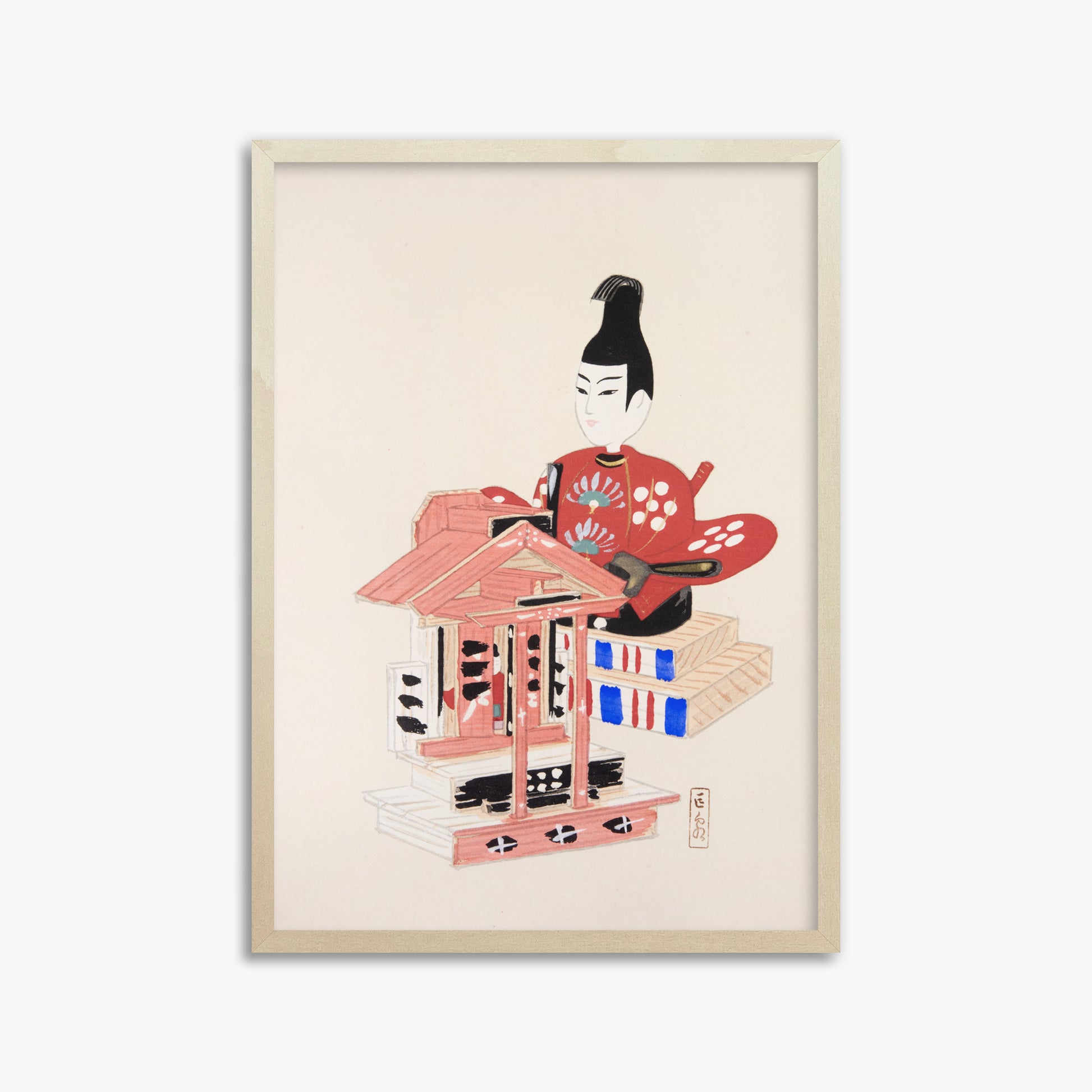 Kawasaki Kyosen: Kyosen’s Collected Illustrations of Japanese Toys Nr. 65 ("Ancient Temple Guardian"), 50x70cm Framed Art Reproduction With Lime Wood Frame