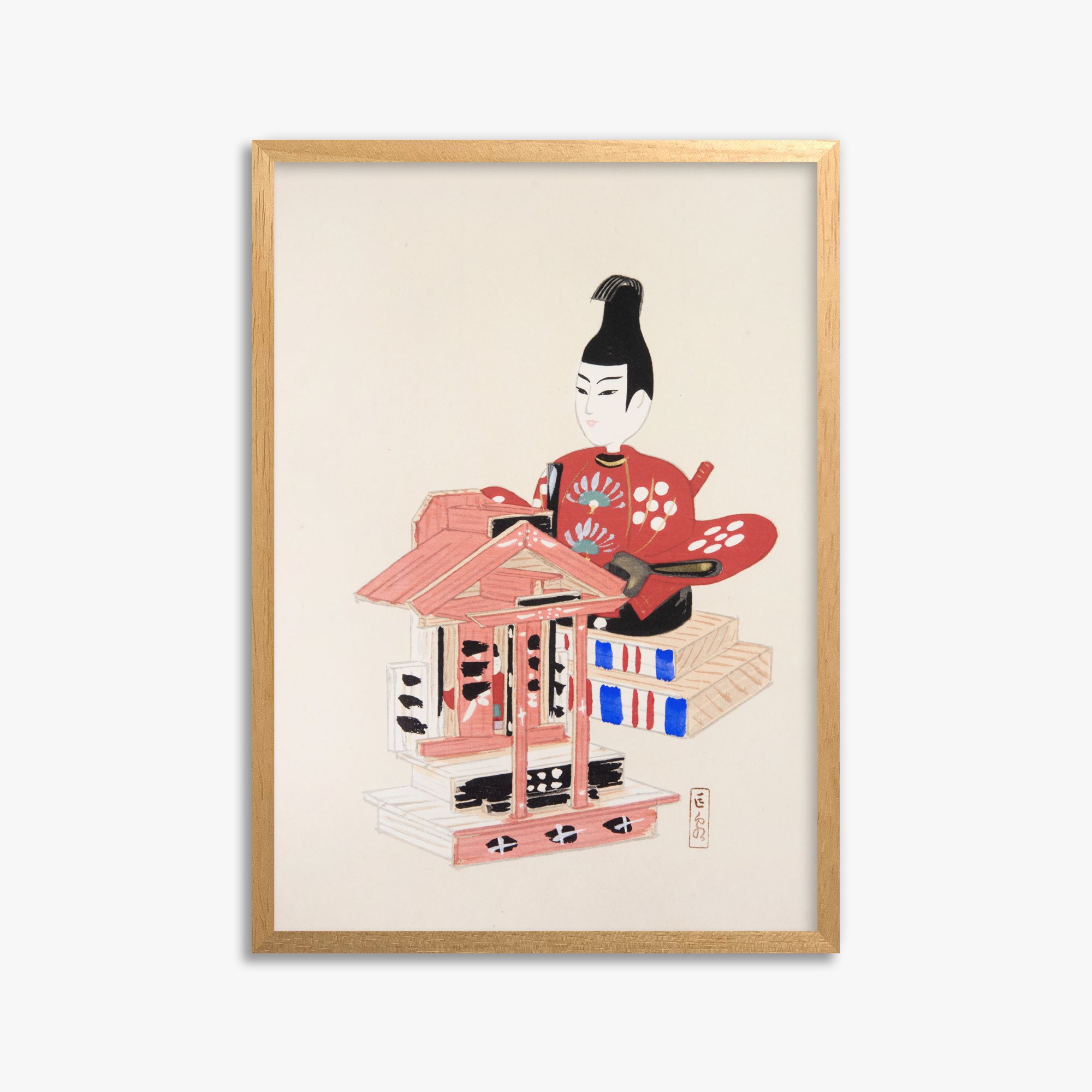 Kawasaki Kyosen: Kyosen’s Collected Illustrations of Japanese Toys Nr. 65 ("Ancient Temple Guardian"), 50x70cm Framed Art Reproduction With Oak Frame