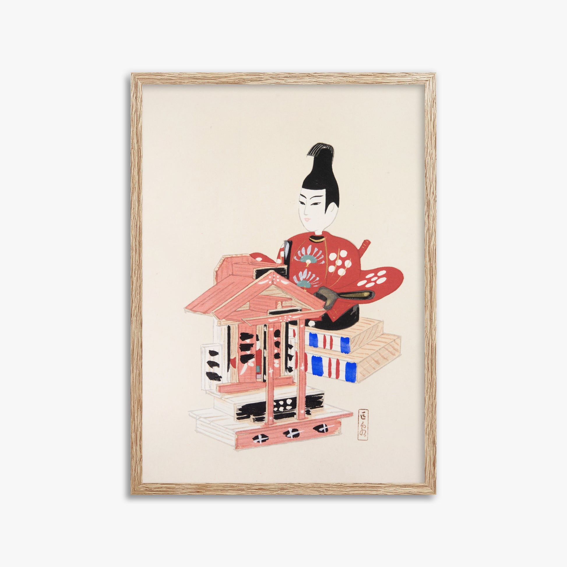 Kawasaki Kyosen: Kyosen’s Collected Illustrations of Japanese Toys Nr. 65 ("Ancient Temple Guardian"), 50x70cm Framed Art Reproduction With Raw Oak Frame