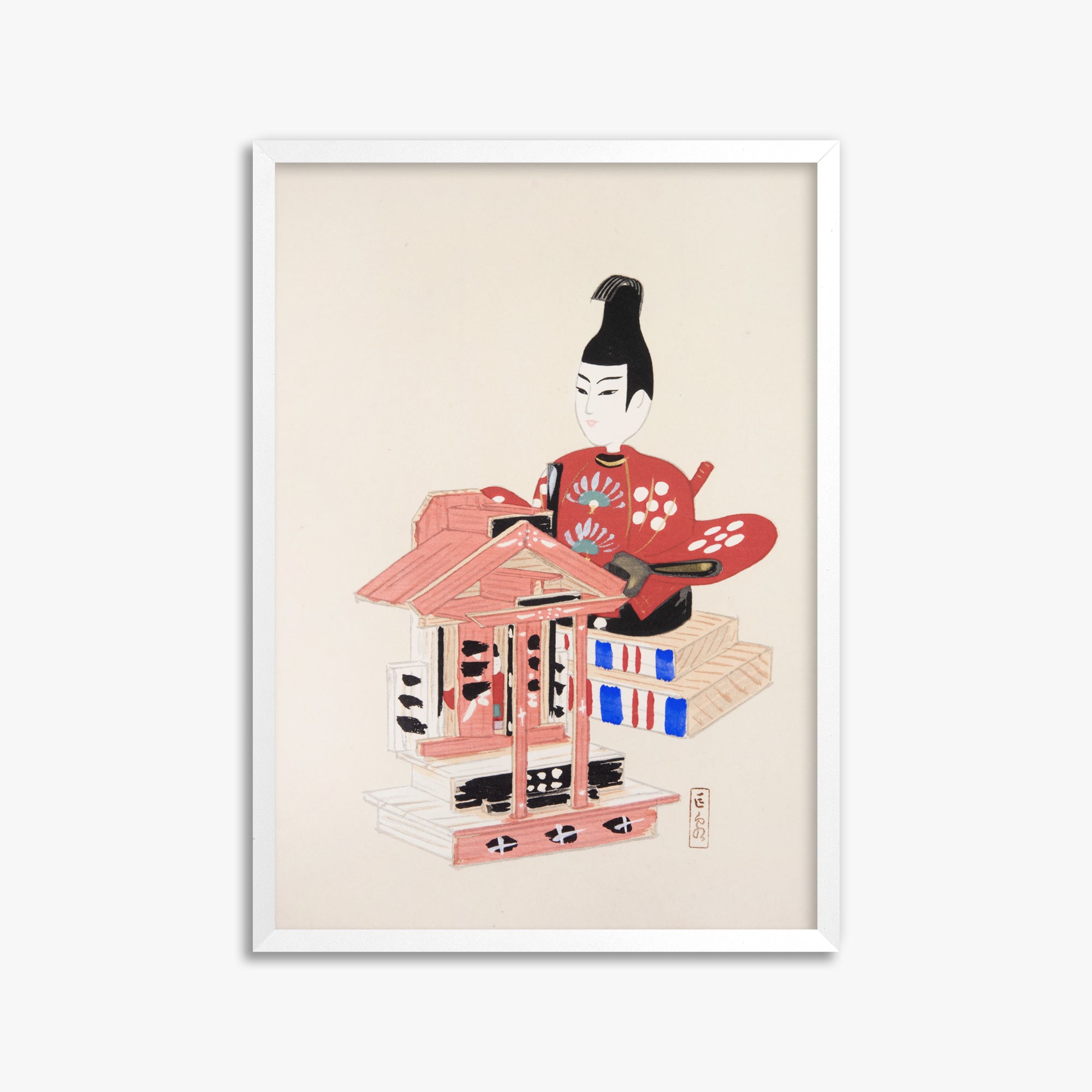 Kawasaki Kyosen: Kyosen’s Collected Illustrations of Japanese Toys Nr. 65 ("Ancient Temple Guardian"), 50x70cm Framed Art Reproduction With White Frame