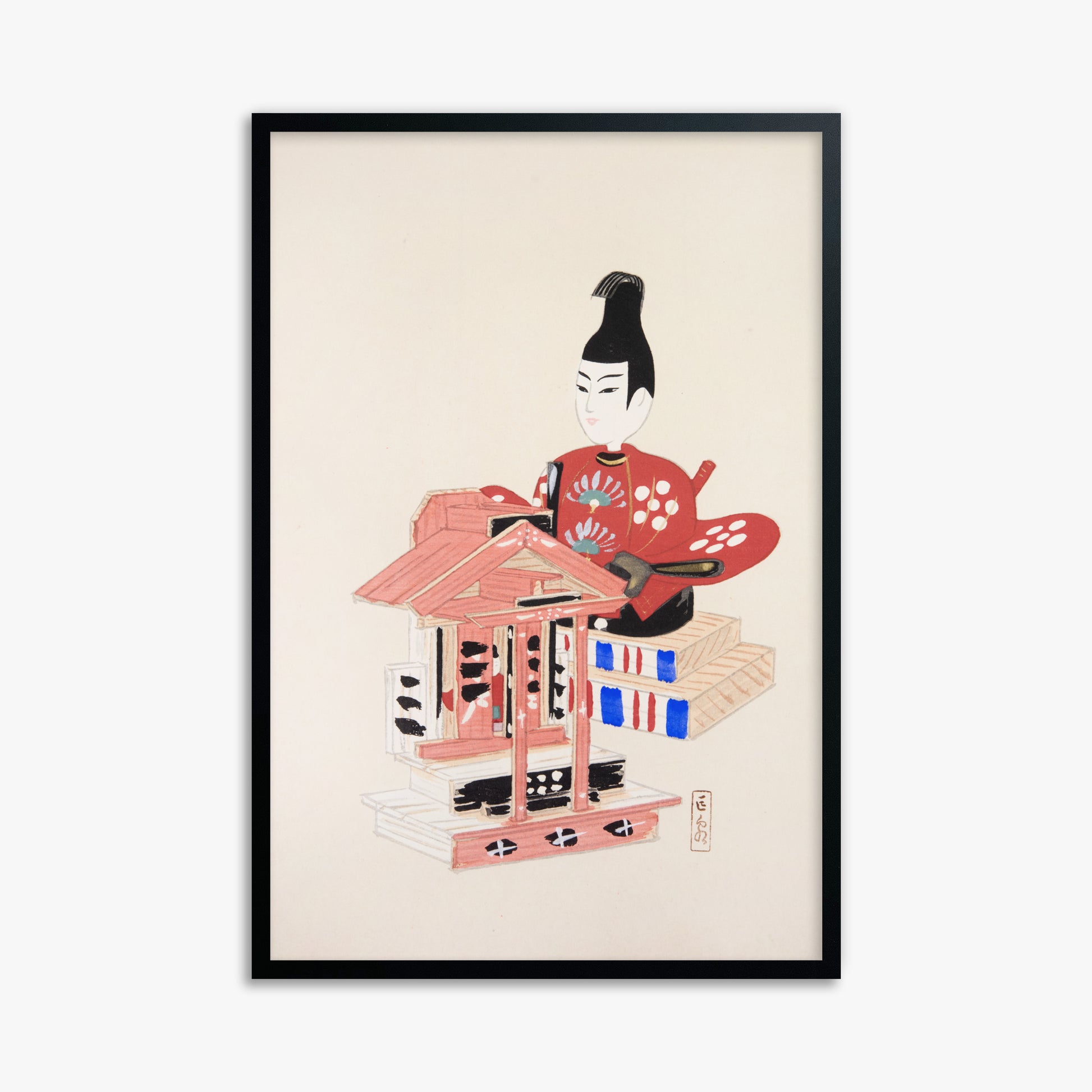 Kawasaki Kyosen: Kyosen’s Collected Illustrations of Japanese Toys Nr. 65 ("Ancient Temple Guardian"), 61x91cm Framed Art Reproduction With Black Frame