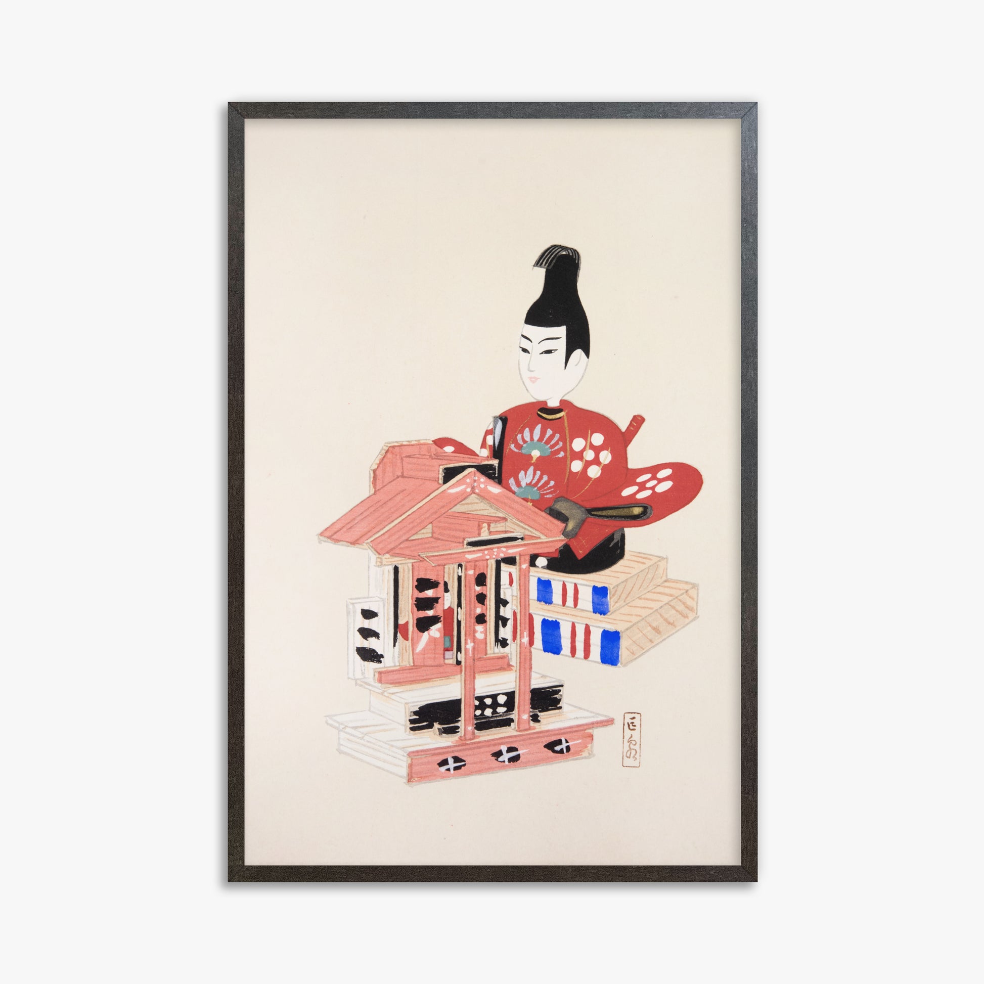 Kawasaki Kyosen: Kyosen’s Collected Illustrations of Japanese Toys Nr. 65 ("Ancient Temple Guardian"), 61x91cm Framed Art Reproduction With Espresso Frame