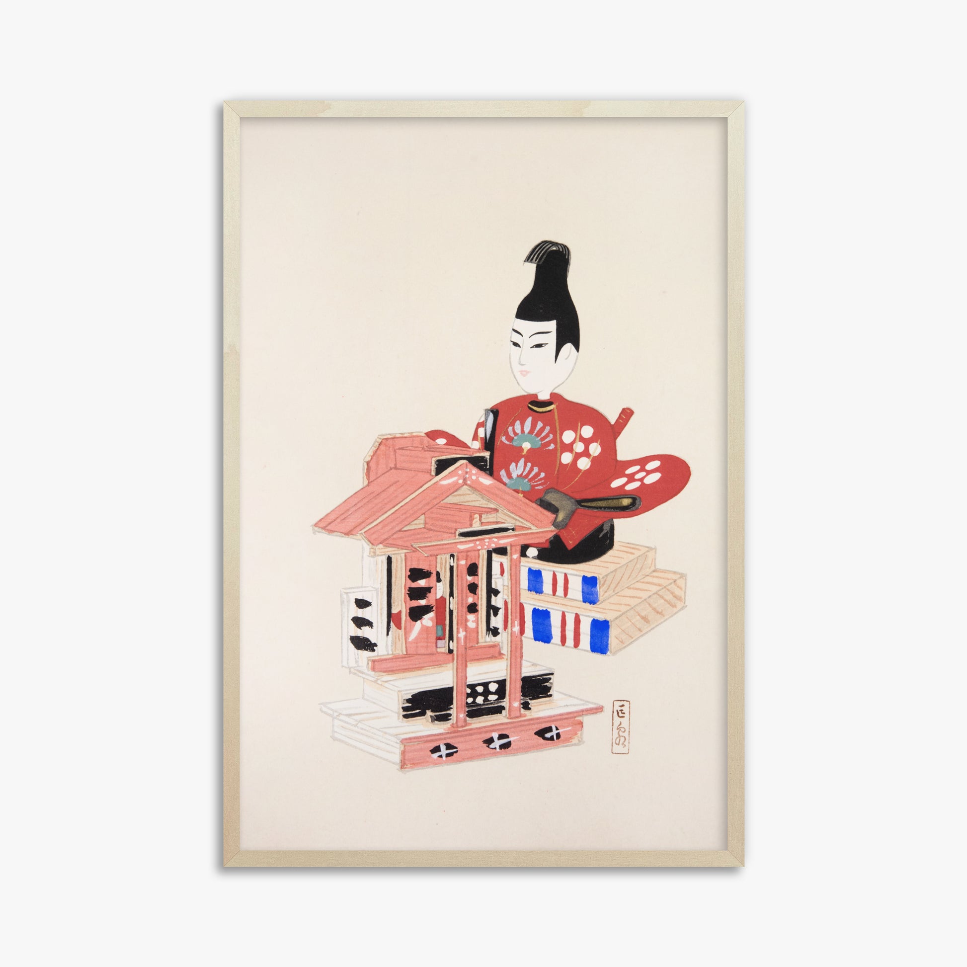 Kawasaki Kyosen: Kyosen’s Collected Illustrations of Japanese Toys Nr. 65 ("Ancient Temple Guardian"), 61x91cm Framed Art Reproduction With Lime Wood Frame