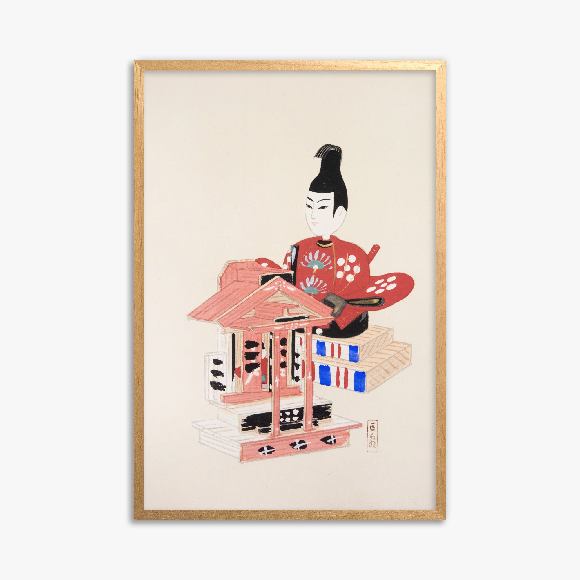 Kawasaki Kyosen: Kyosen’s Collected Illustrations of Japanese Toys Nr. 65 ("Ancient Temple Guardian"), 61x91cm Framed Art Reproduction With Oak Frame