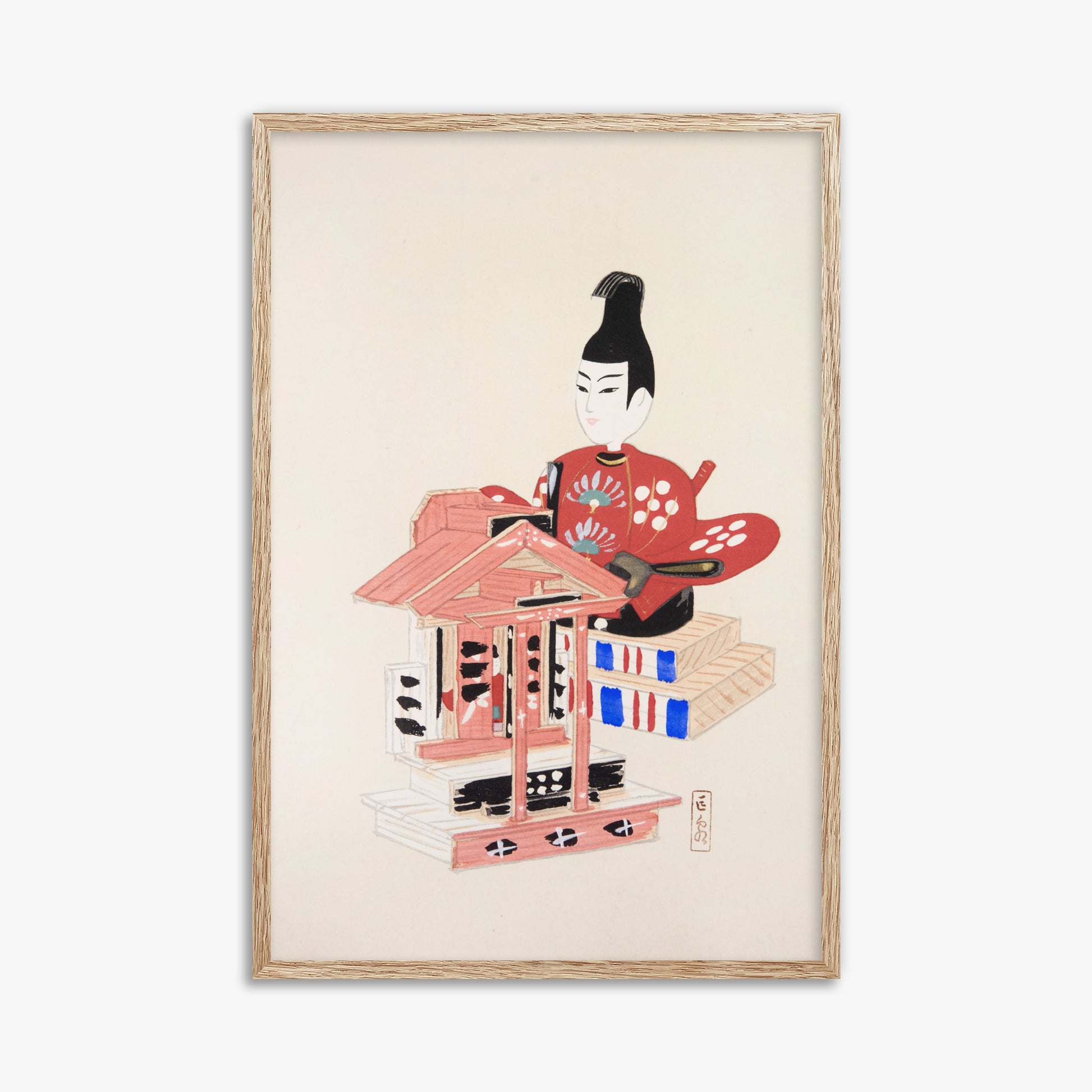Kawasaki Kyosen: Kyosen’s Collected Illustrations of Japanese Toys Nr. 65 ("Ancient Temple Guardian"), 61x91cm Framed Art Reproduction With Raw Oak Frame