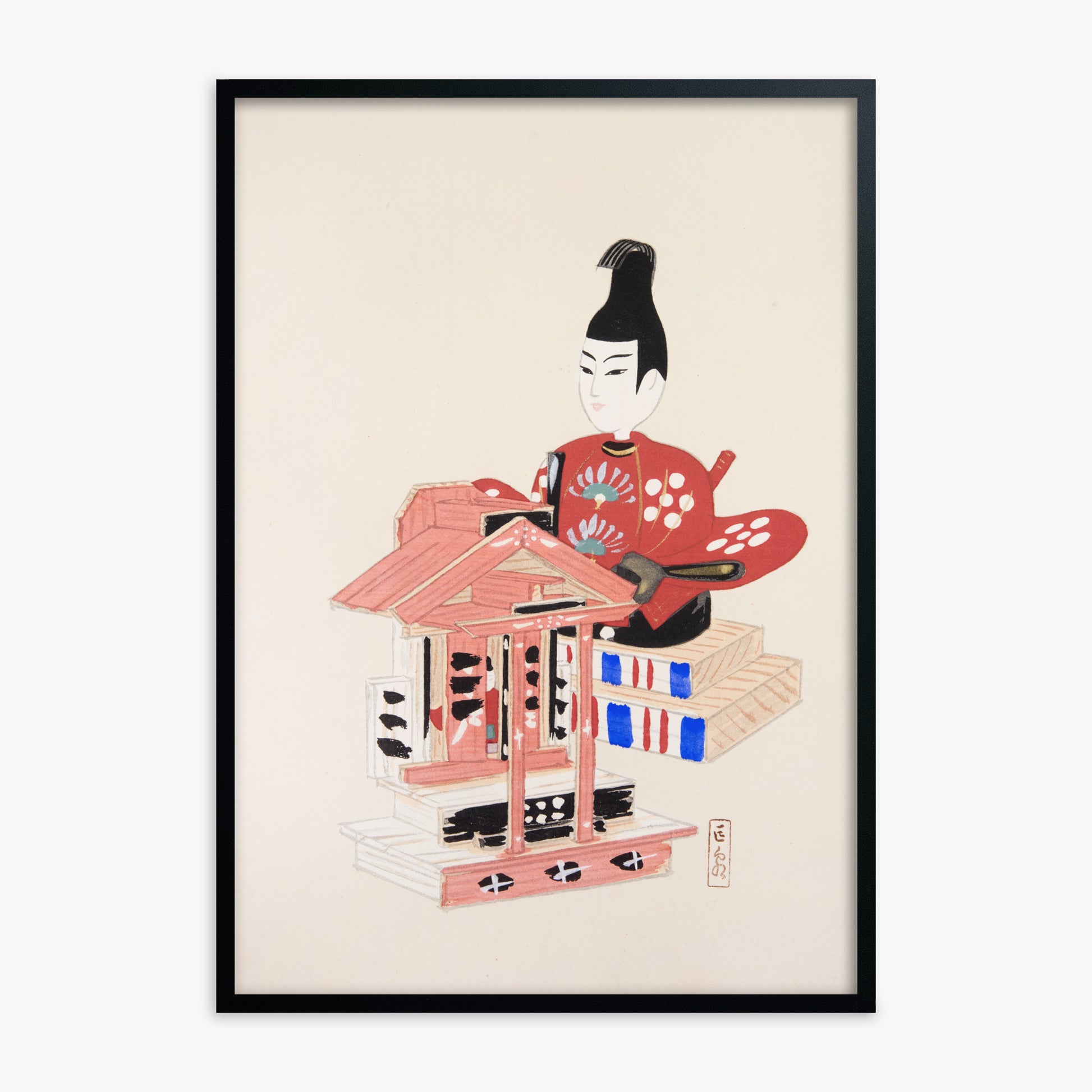 Kawasaki Kyosen: Kyosen’s Collected Illustrations of Japanese Toys Nr. 65 ("Ancient Temple Guardian"), Black Framed Art Reproduction With Black Frame
