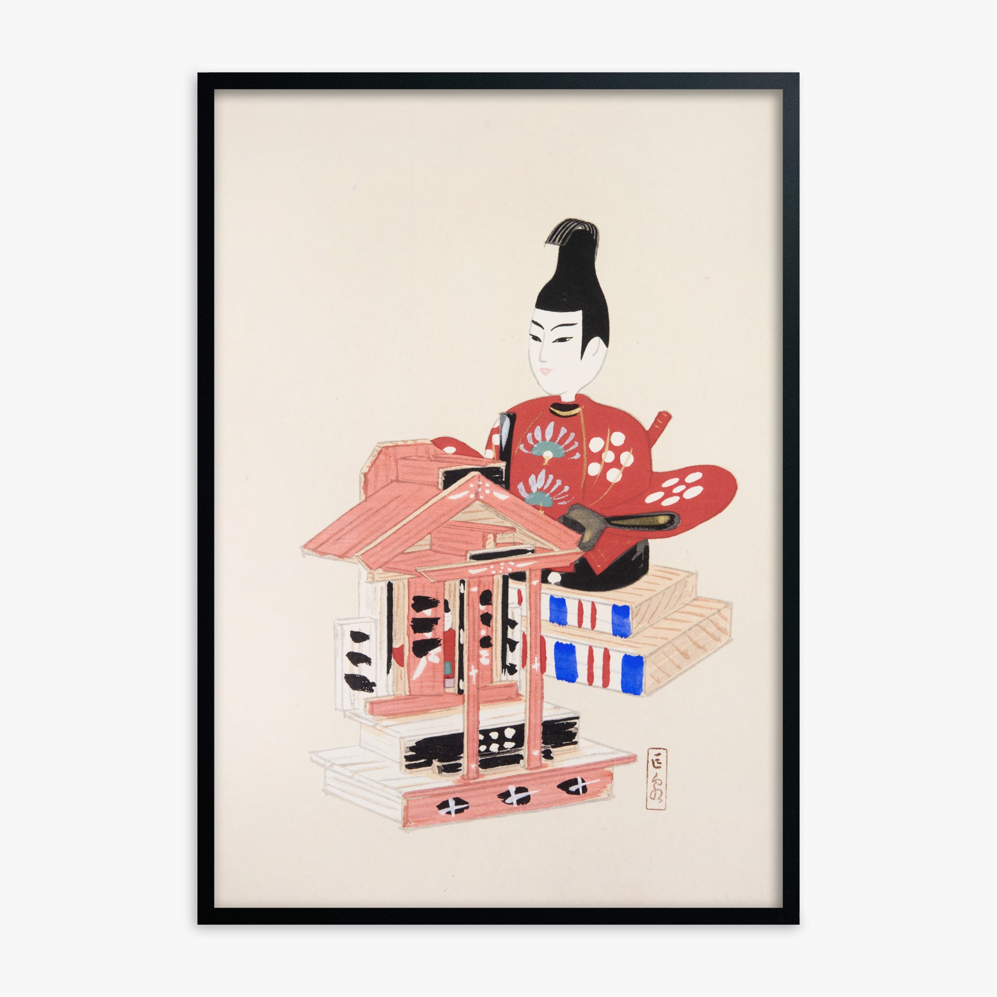 Kawasaki Kyosen: Kyosen’s Collected Illustrations of Japanese Toys Nr. 65 ("Ancient Temple Guardian"), Black Framed Art Reproduction With Black Frame