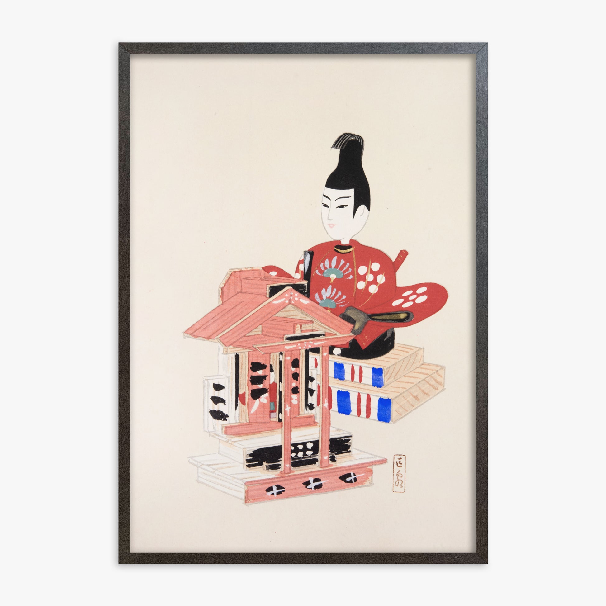 Kawasaki Kyosen: Kyosen’s Collected Illustrations of Japanese Toys Nr. 65 ("Ancient Temple Guardian"), 70x100cm Framed Art Reproduction With Espresso Frame