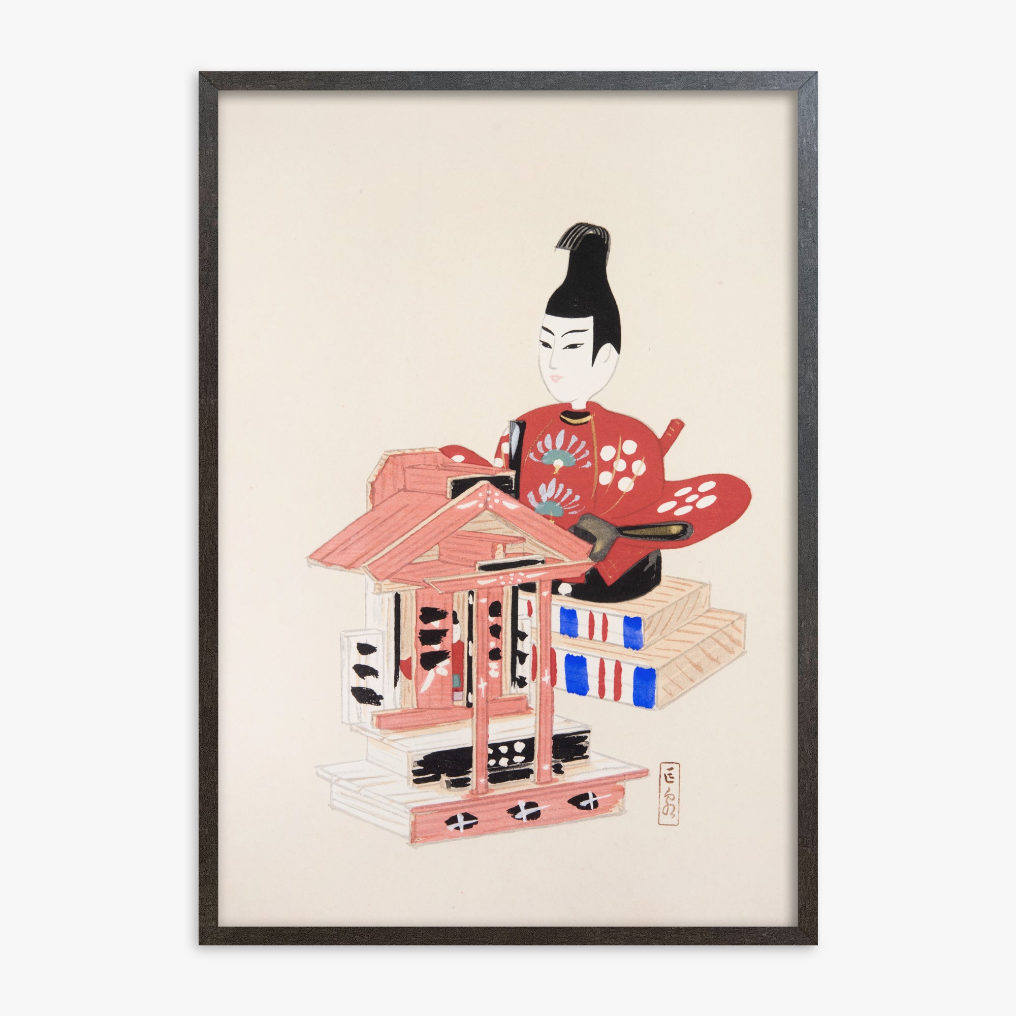 Kawasaki Kyosen: Kyosen’s Collected Illustrations of Japanese Toys Nr. 65 ("Ancient Temple Guardian"), 70x100cm Framed Art Reproduction With Espresso Frame