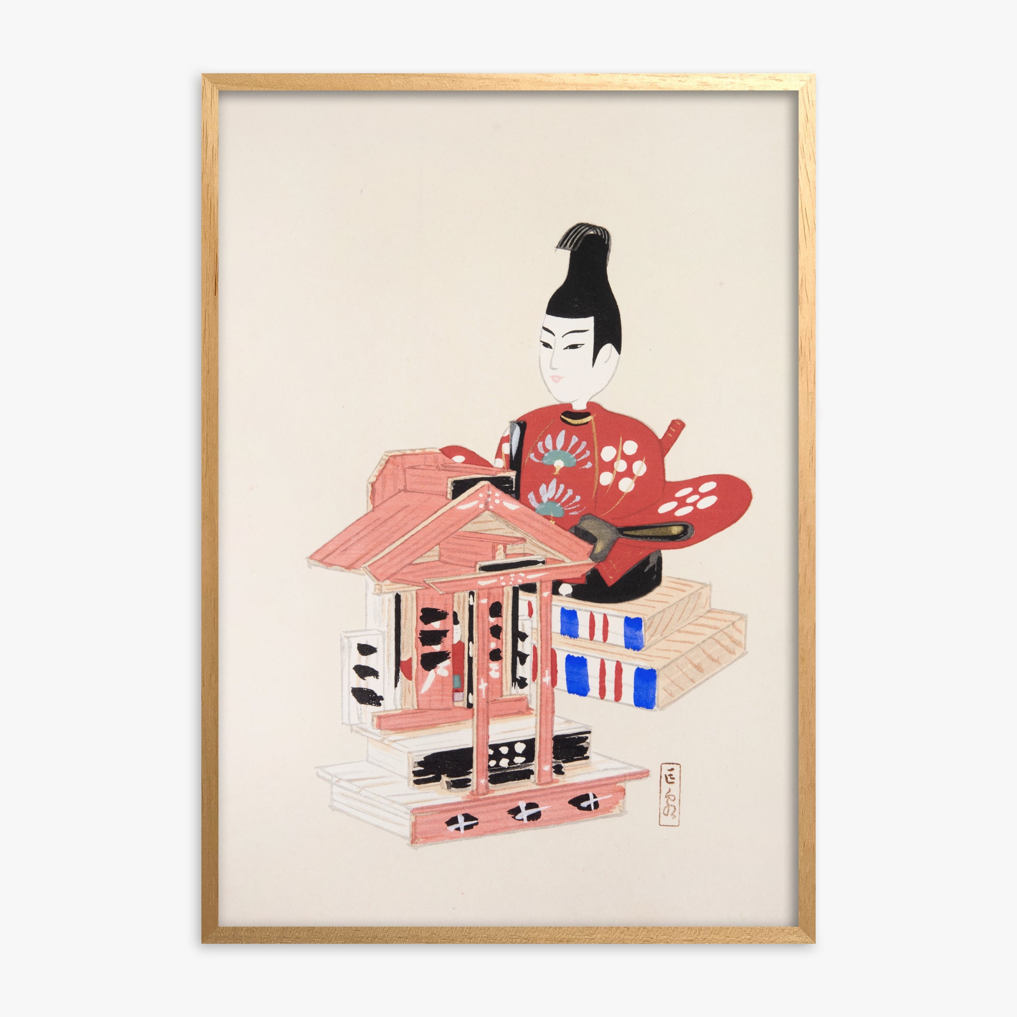 Kawasaki Kyosen: Kyosen’s Collected Illustrations of Japanese Toys Nr. 65 ("Ancient Temple Guardian"), Oak Framed Art Reproduction With Oak Frame