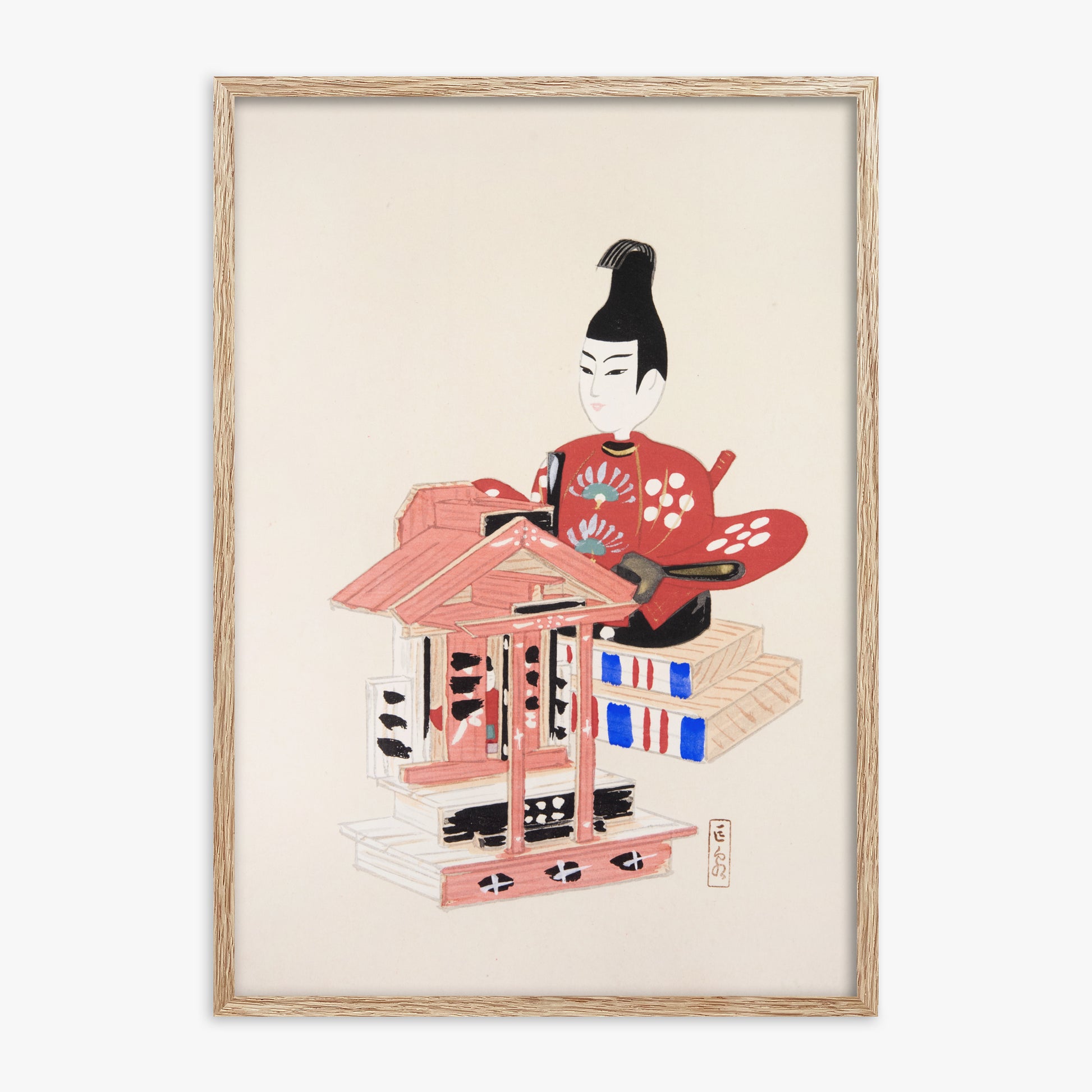 Kawasaki Kyosen: Kyosen’s Collected Illustrations of Japanese Toys Nr. 65 ("Ancient Temple Guardian"), 70x100cm Framed Art Reproduction With Raw Oak Frame