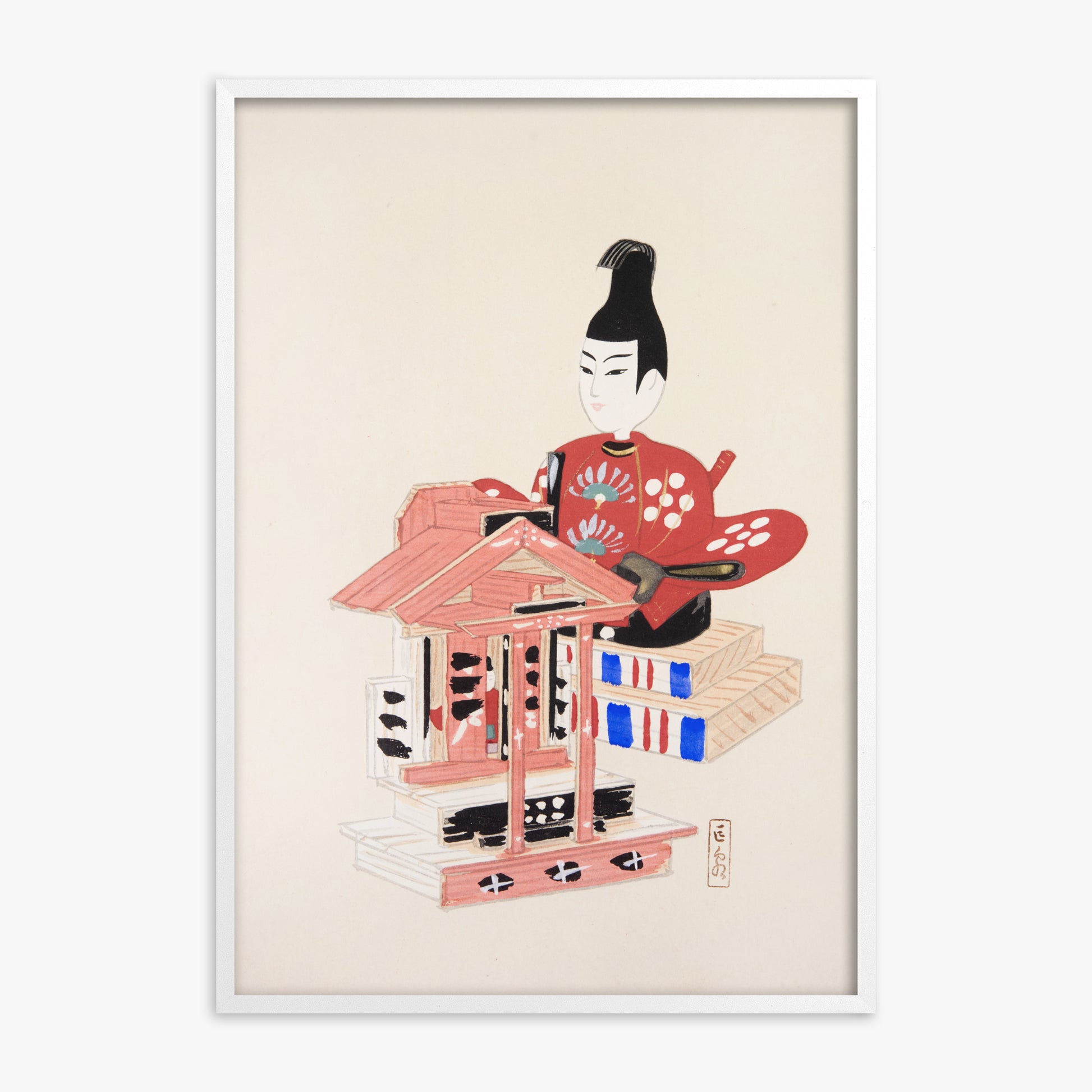 Kawasaki Kyosen: Kyosen’s Collected Illustrations of Japanese Toys Nr. 65 ("Ancient Temple Guardian"), White Framed Art Reproduction With White Frame