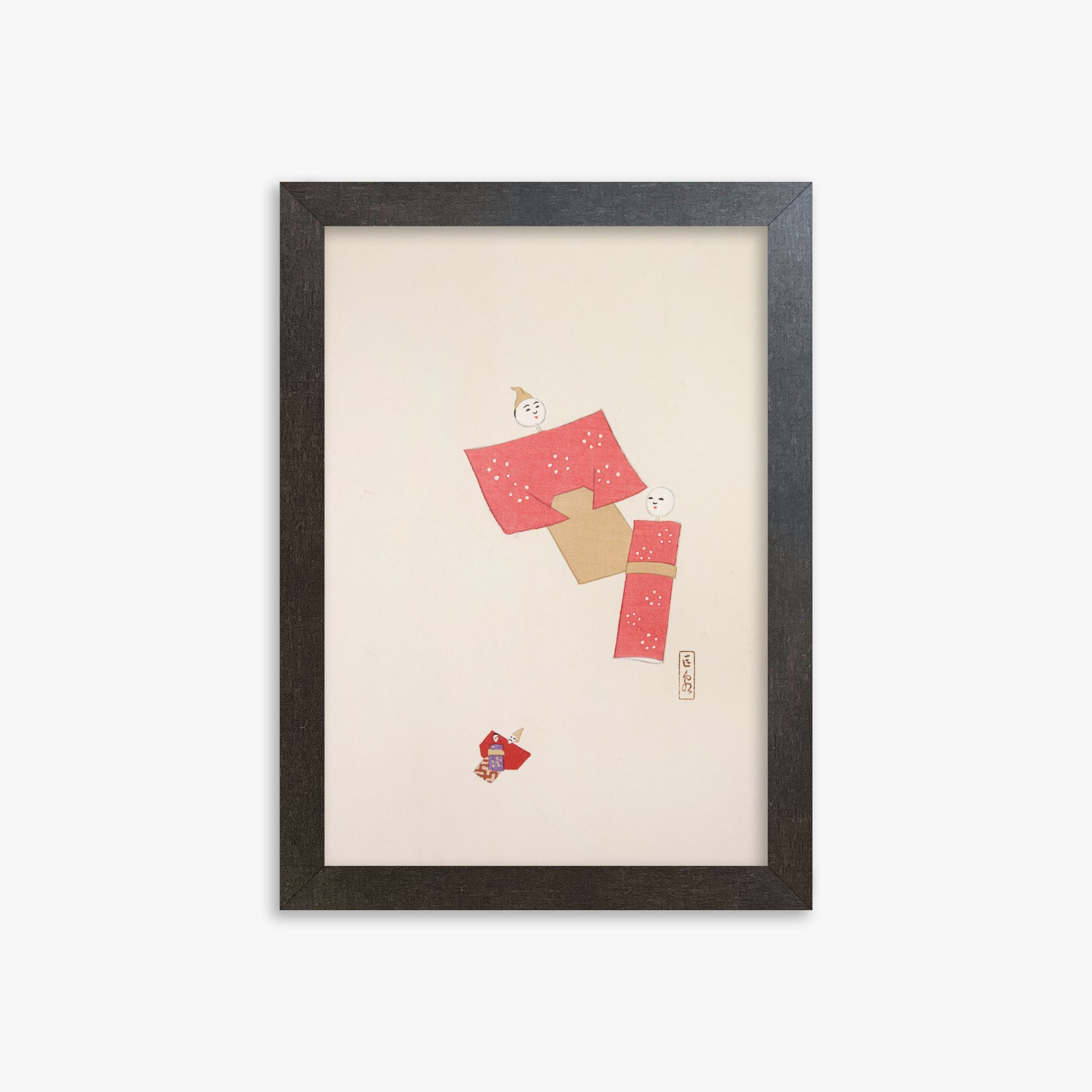 Kawasaki Kyosen: Kyosen’s Collected Illustrations of Japanese Toys Nr. 66 ("Blushing Twin Paper Dolls"), 21x30cm Framed Art Reproduction With Espresso Frame