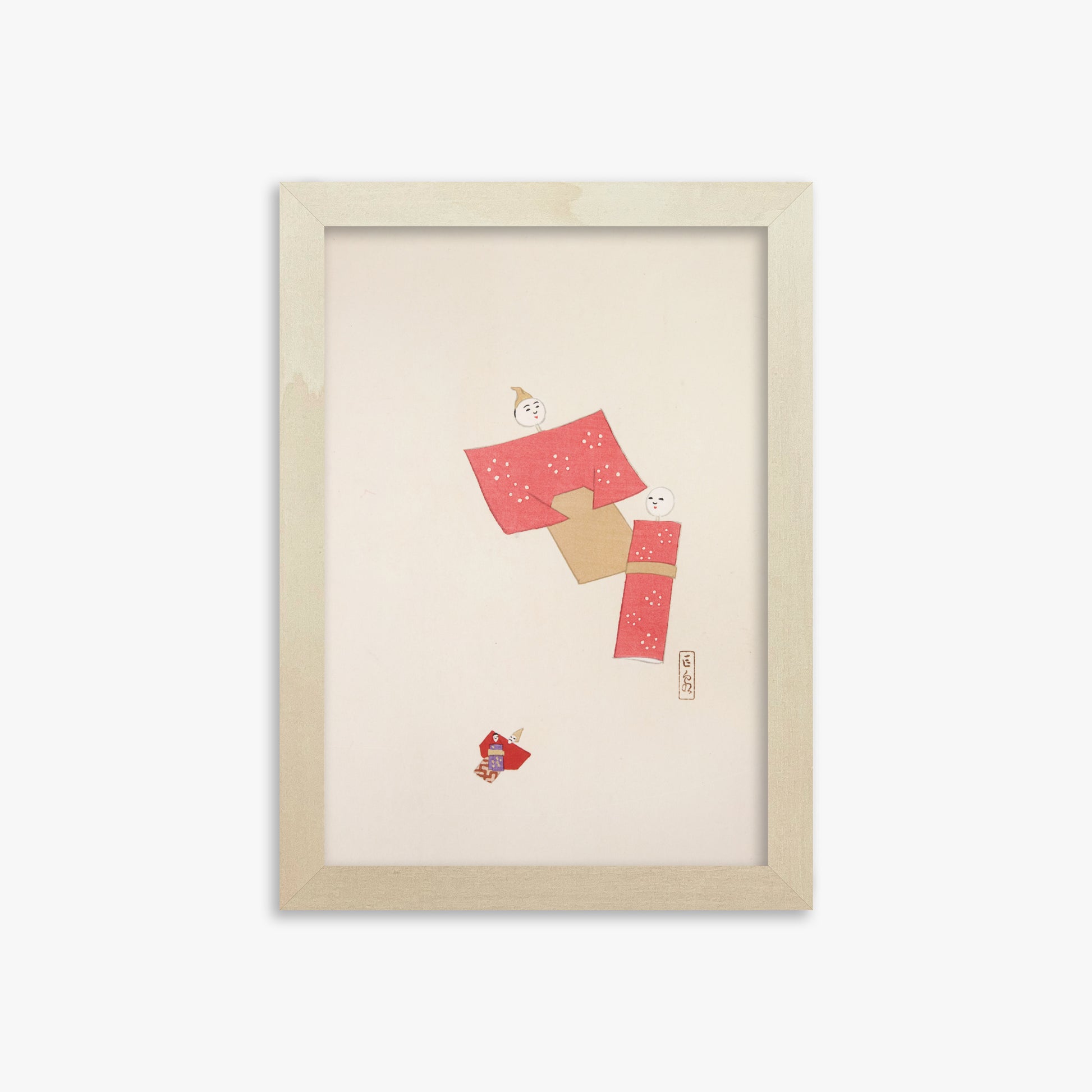 Kawasaki Kyosen: Kyosen’s Collected Illustrations of Japanese Toys Nr. 66 ("Blushing Twin Paper Dolls"), 21x30cm Framed Art Reproduction With Lime Wood Frame