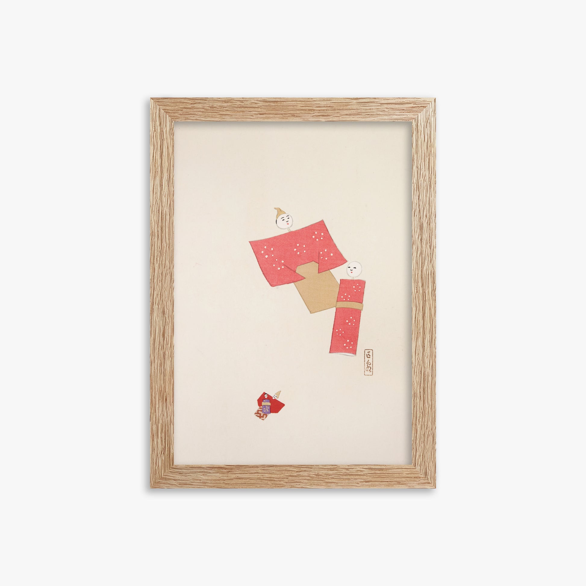 Kawasaki Kyosen: Kyosen’s Collected Illustrations of Japanese Toys Nr. 66 ("Blushing Twin Paper Dolls"), 21x30cm Framed Art Reproduction With Raw Oak Frame