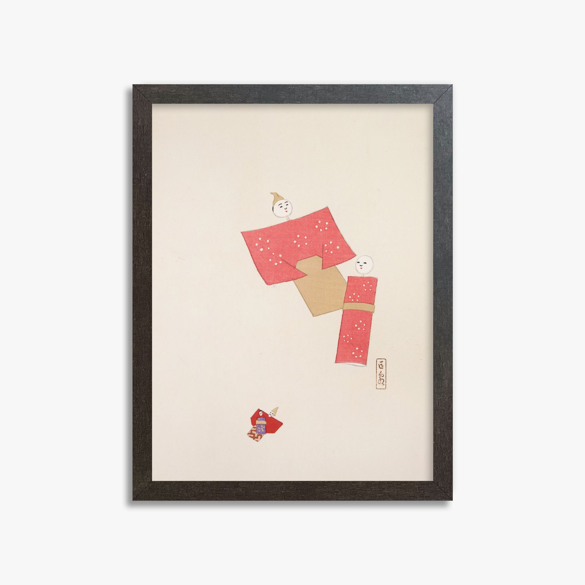 Kawasaki Kyosen: Kyosen’s Collected Illustrations of Japanese Toys Nr. 66 ("Blushing Twin Paper Dolls"), 30x40cm Framed Art Reproduction With Espresso Frame