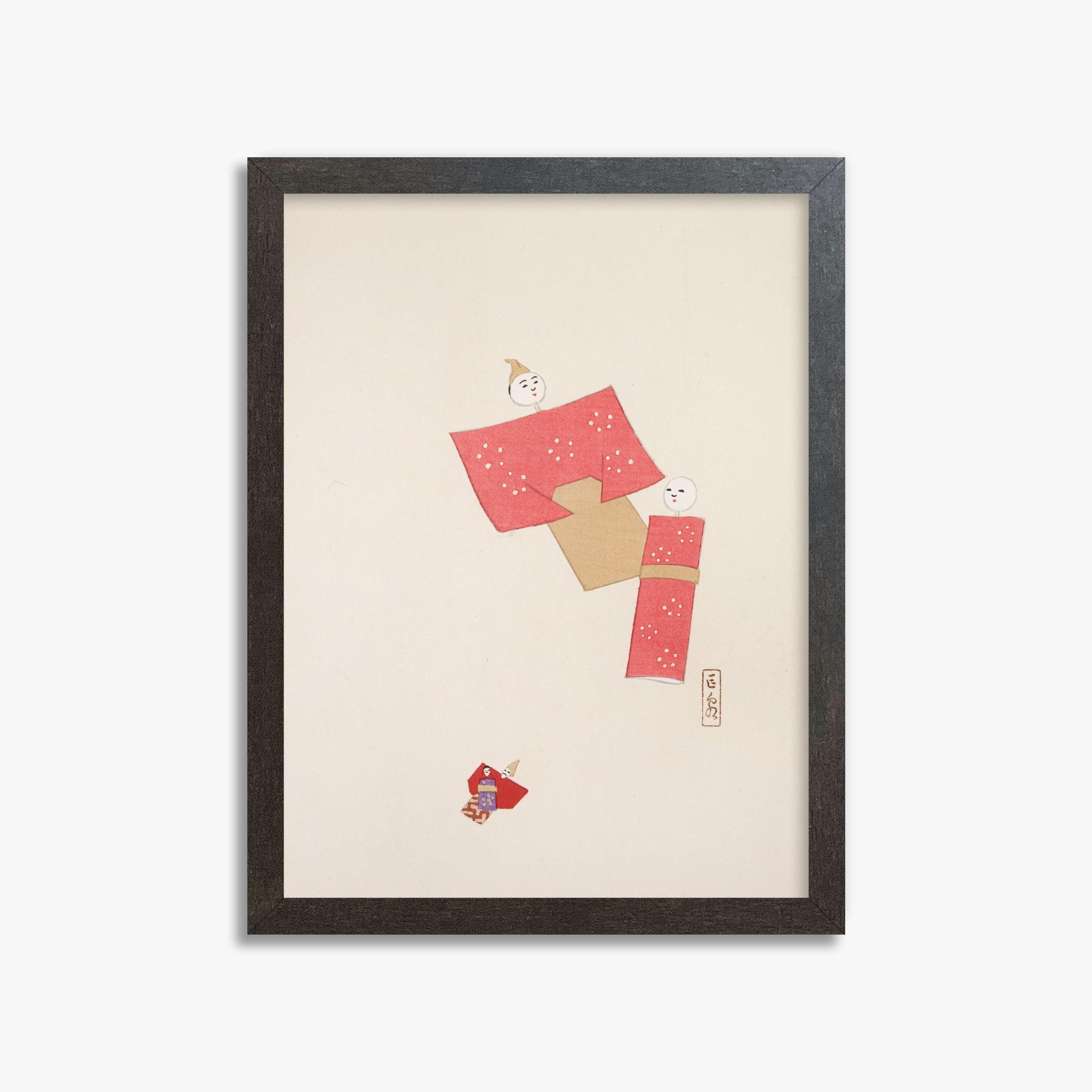 Kawasaki Kyosen: Kyosen’s Collected Illustrations of Japanese Toys Nr. 66 ("Blushing Twin Paper Dolls"), 30x40cm Framed Art Reproduction With Espresso Frame