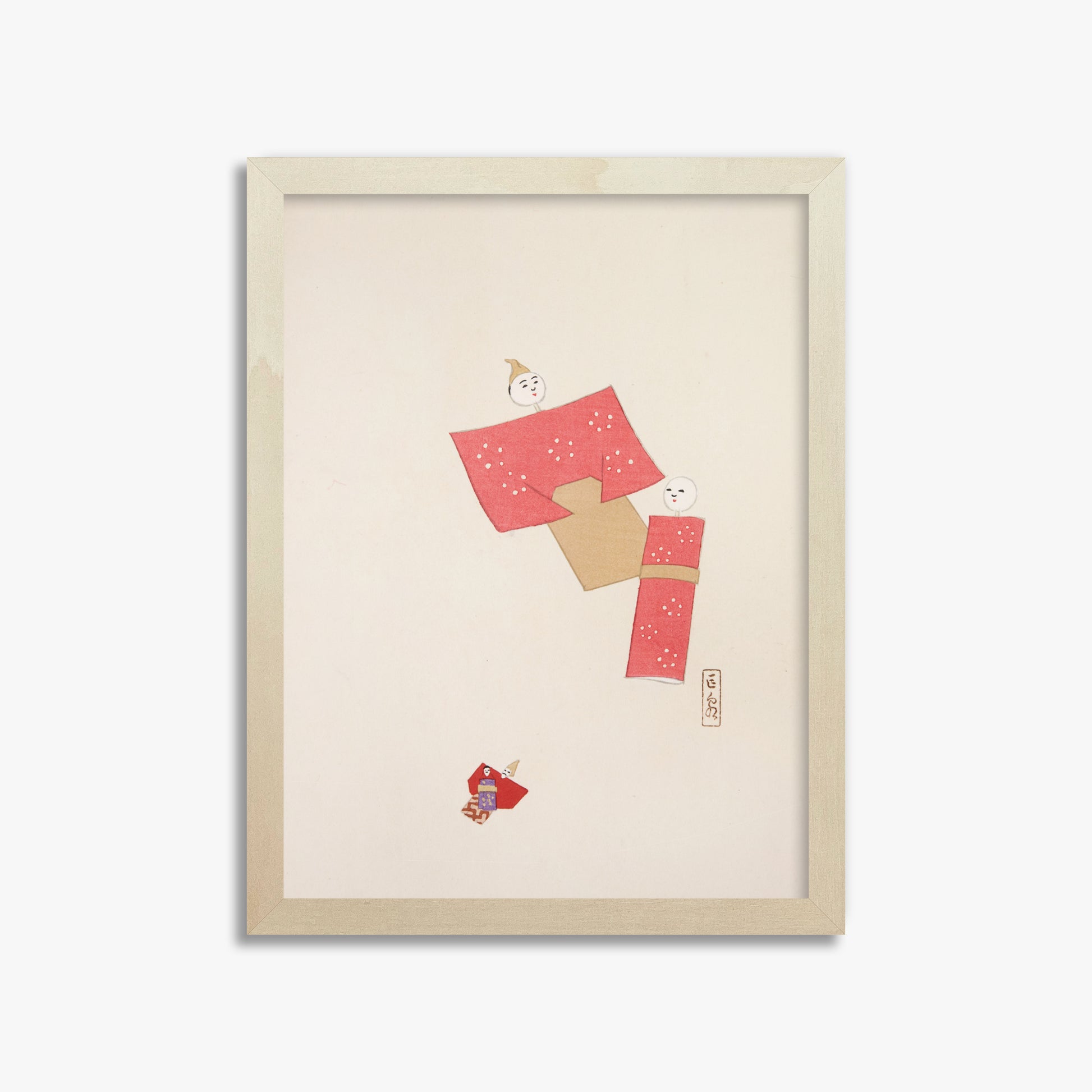Kawasaki Kyosen: Kyosen’s Collected Illustrations of Japanese Toys Nr. 66 ("Blushing Twin Paper Dolls"), 30x40cm Framed Art Reproduction With Lime Wood Frame